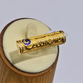 Engraved Cylindrical Bar Gold Plated Ring with Blue Enamel Accent