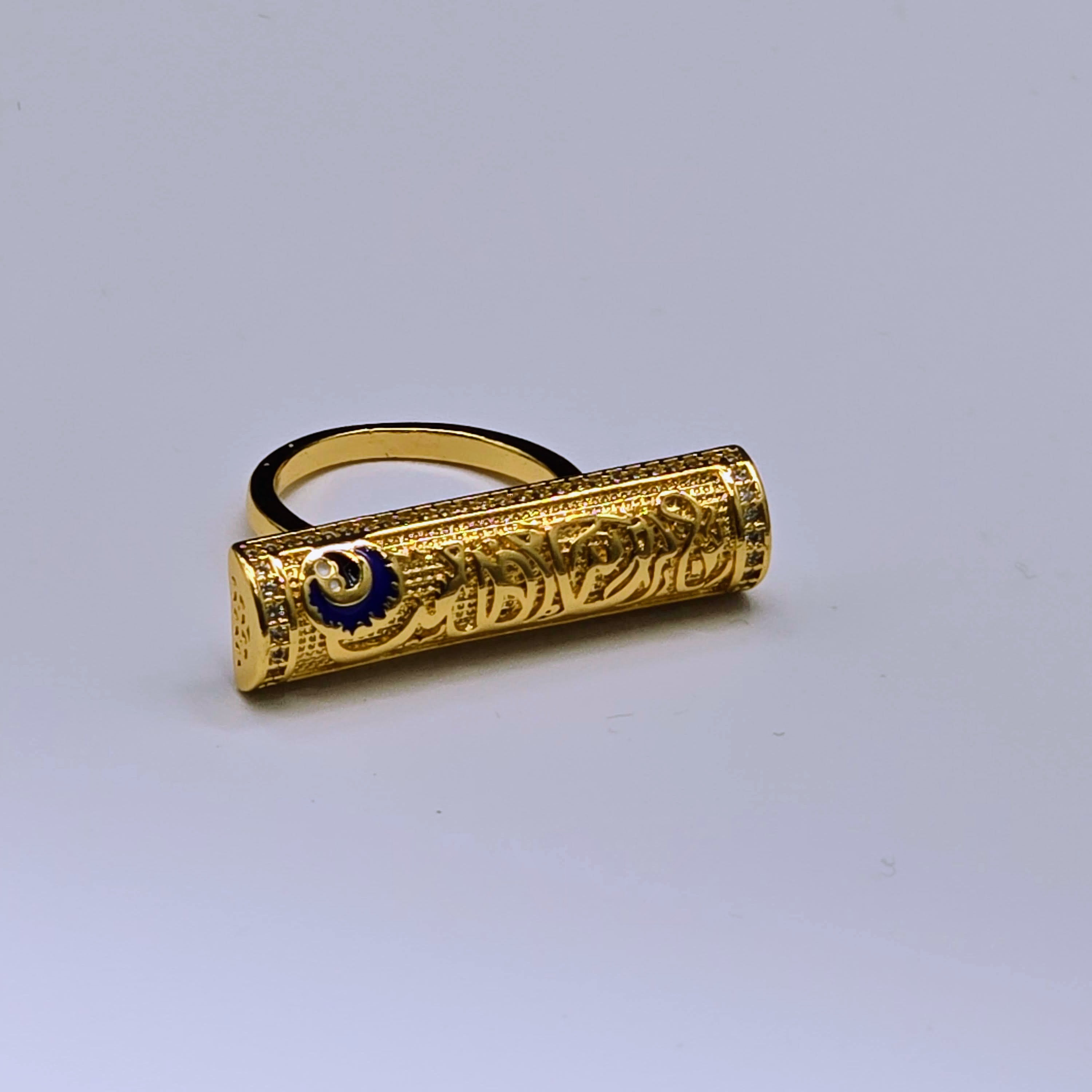 Engraved Cylindrical Bar Gold Plated Ring with Blue Enamel Accent