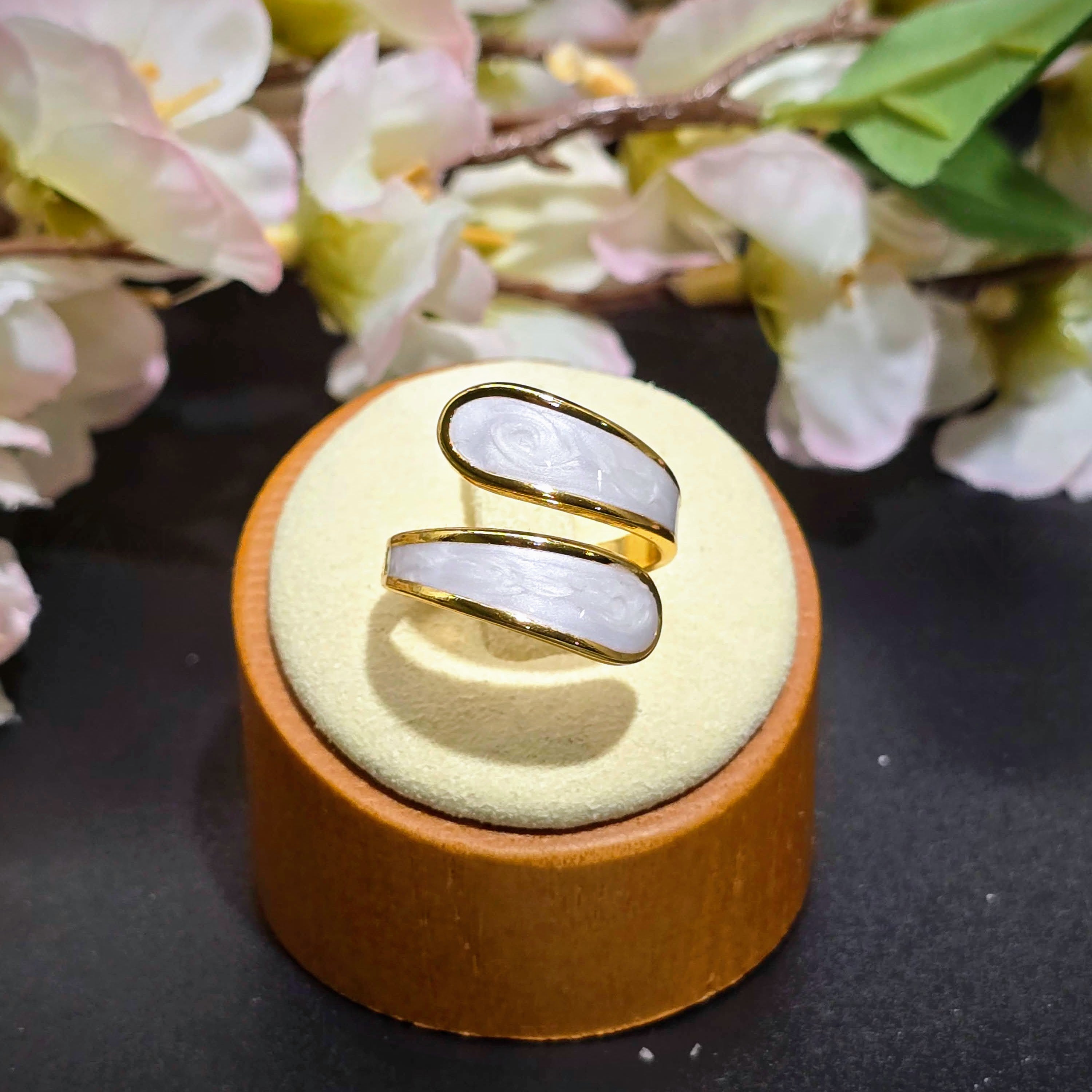 White Enamel Swirl Open Band Gold Plated Ring