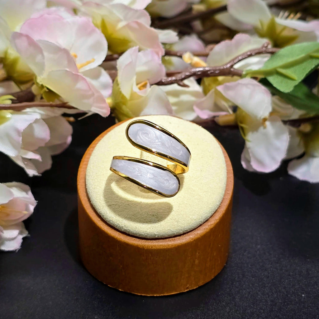 White Enamel Swirl Open Band Gold Plated Ring