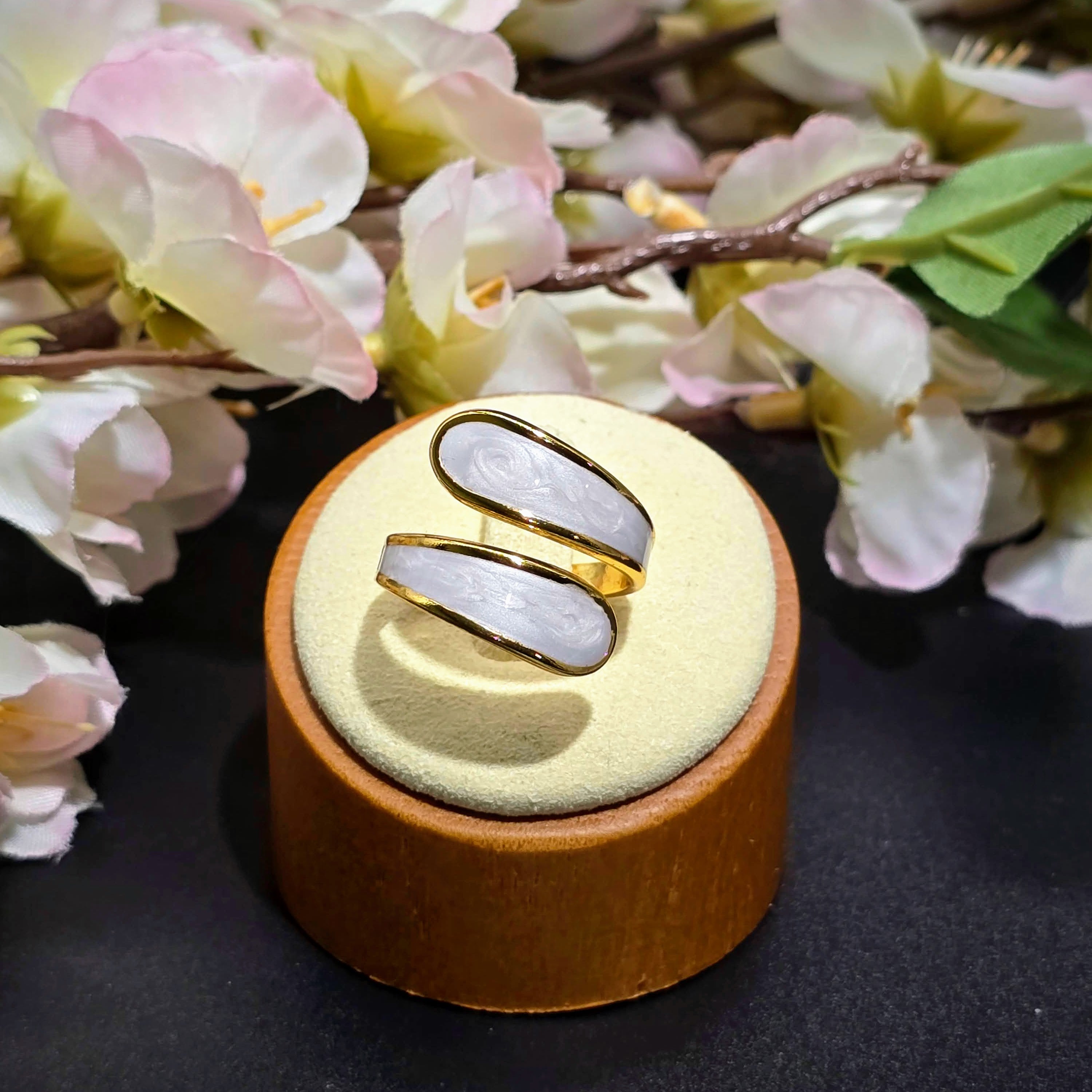 White Enamel Swirl Open Band Gold Plated Ring