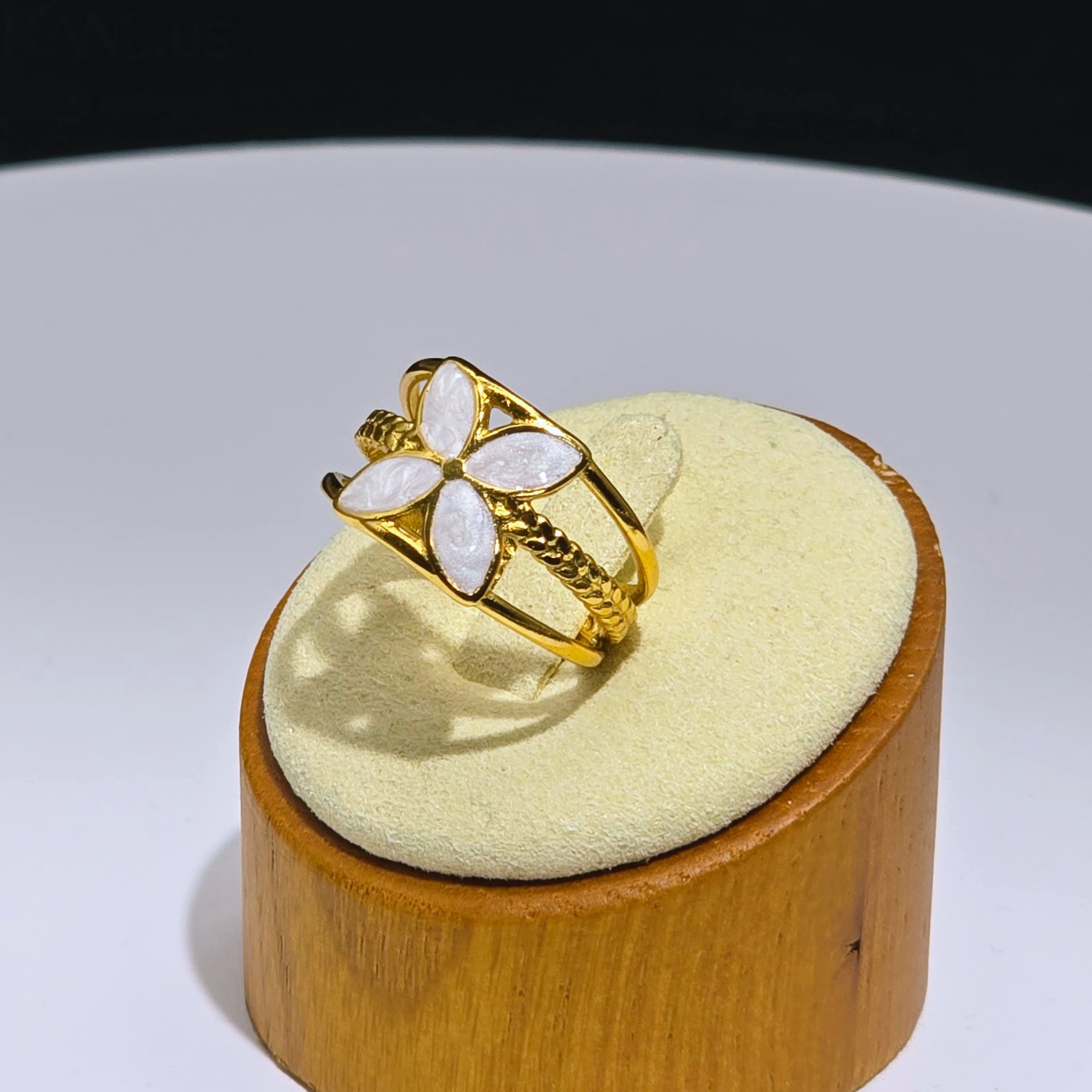 White Enamel Floral Motif Open Band Gold Plated Ring