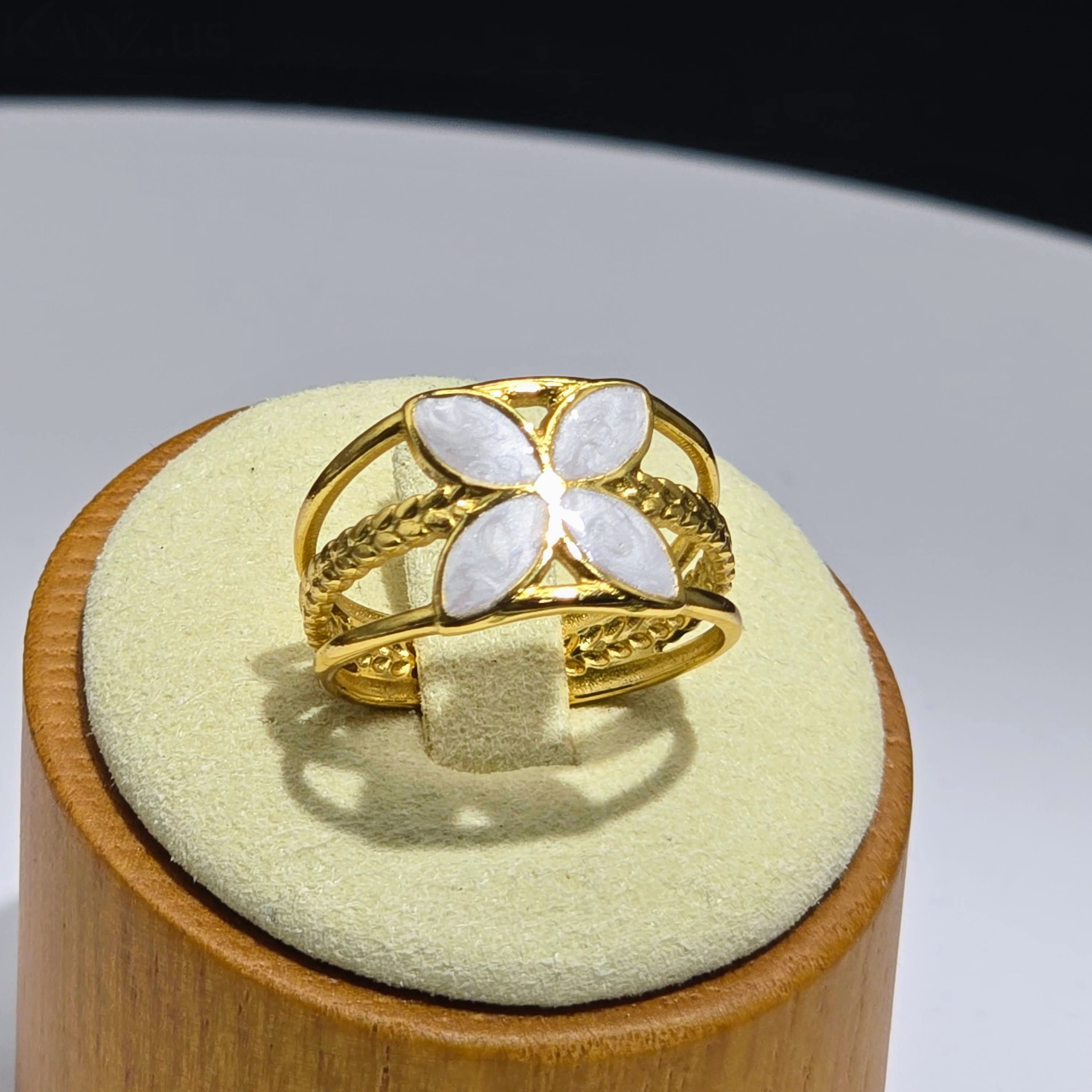 White Enamel Floral Motif Open Band Gold Plated Ring