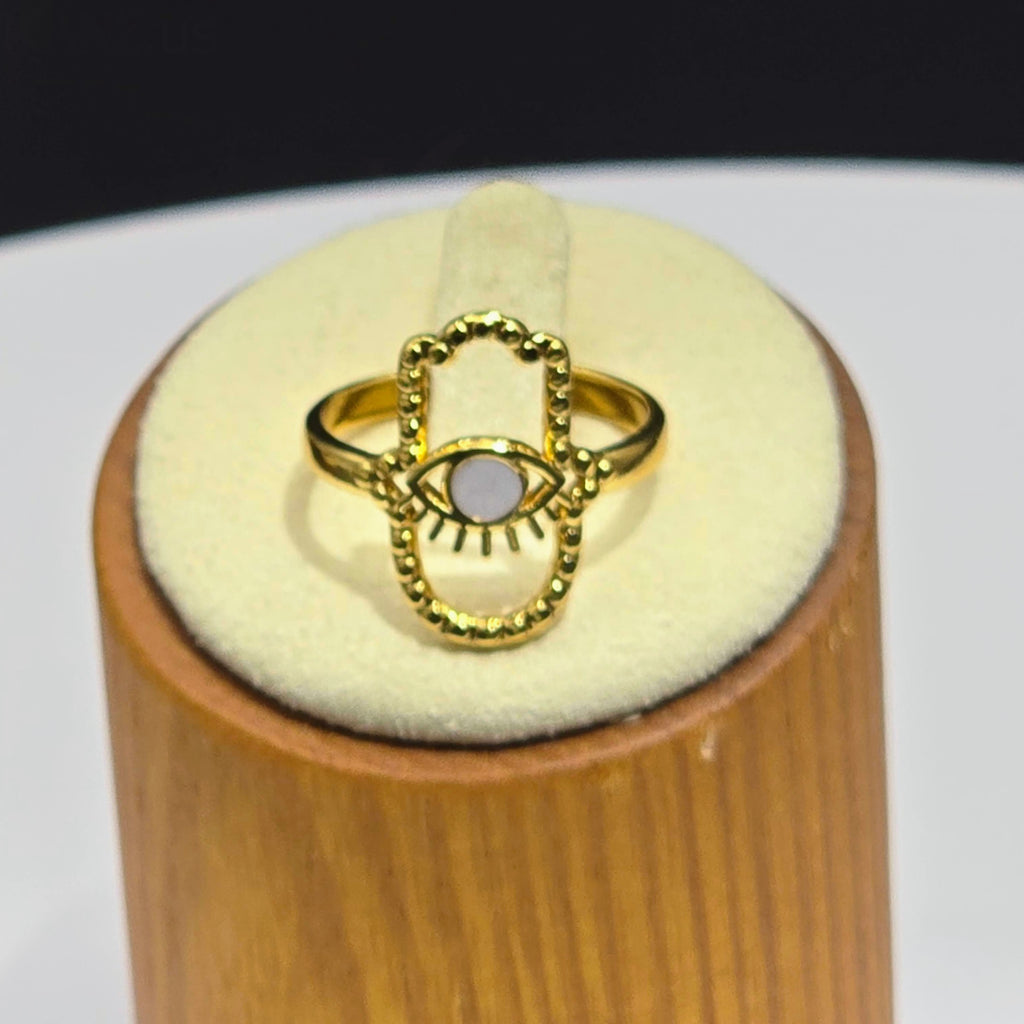 Beaded Hamsa Hand Ring with Eye Motif Gold Plated Ring