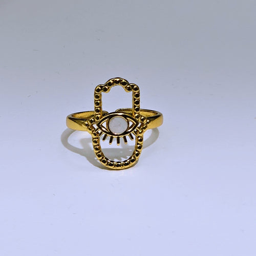 Beaded Hamsa Hand Ring with Eye Motif Gold Plated Ring