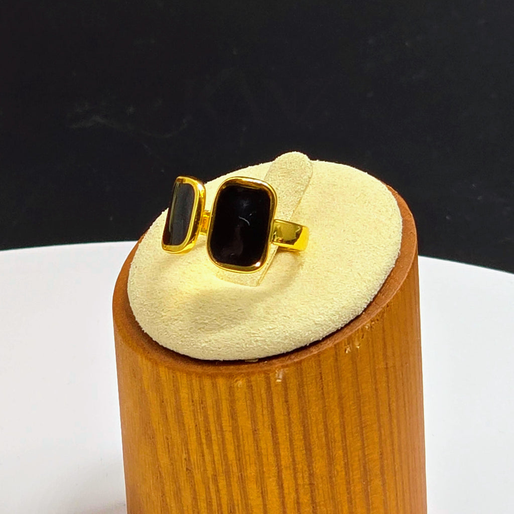 Black Enamel Double Rectangle Open Band Gold Plated Ring