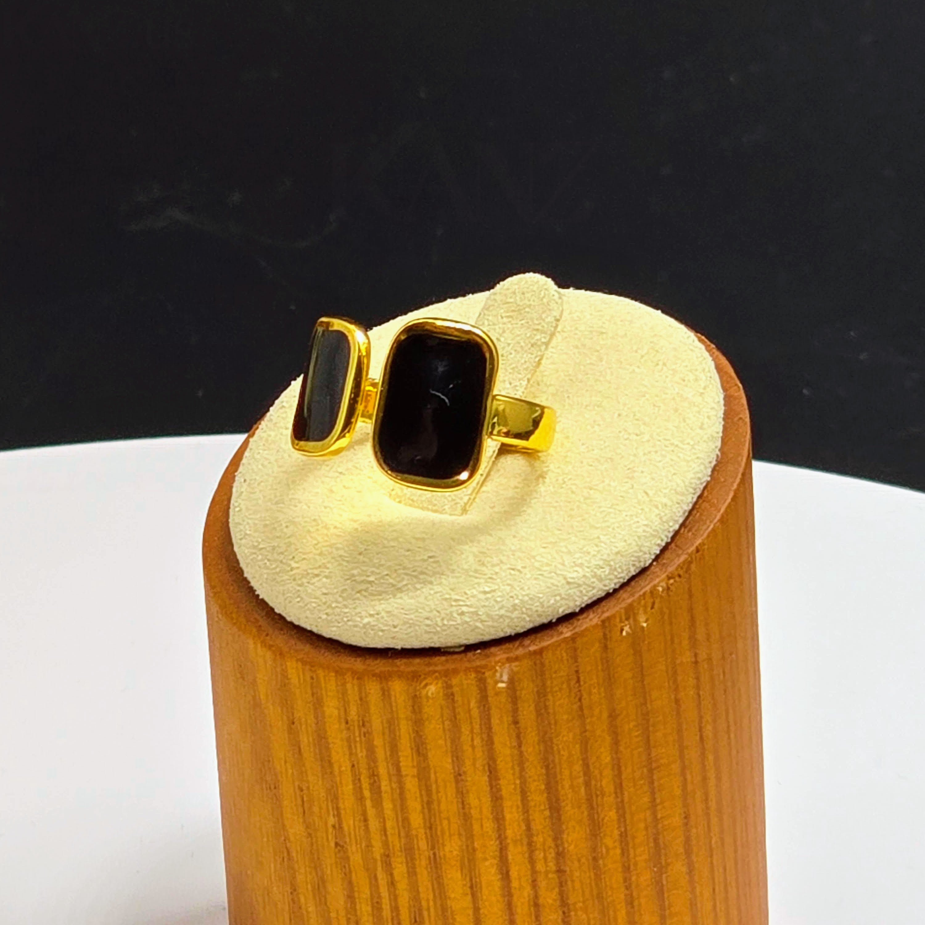 Black Enamel Double Rectangle Open Band Gold Plated Ring