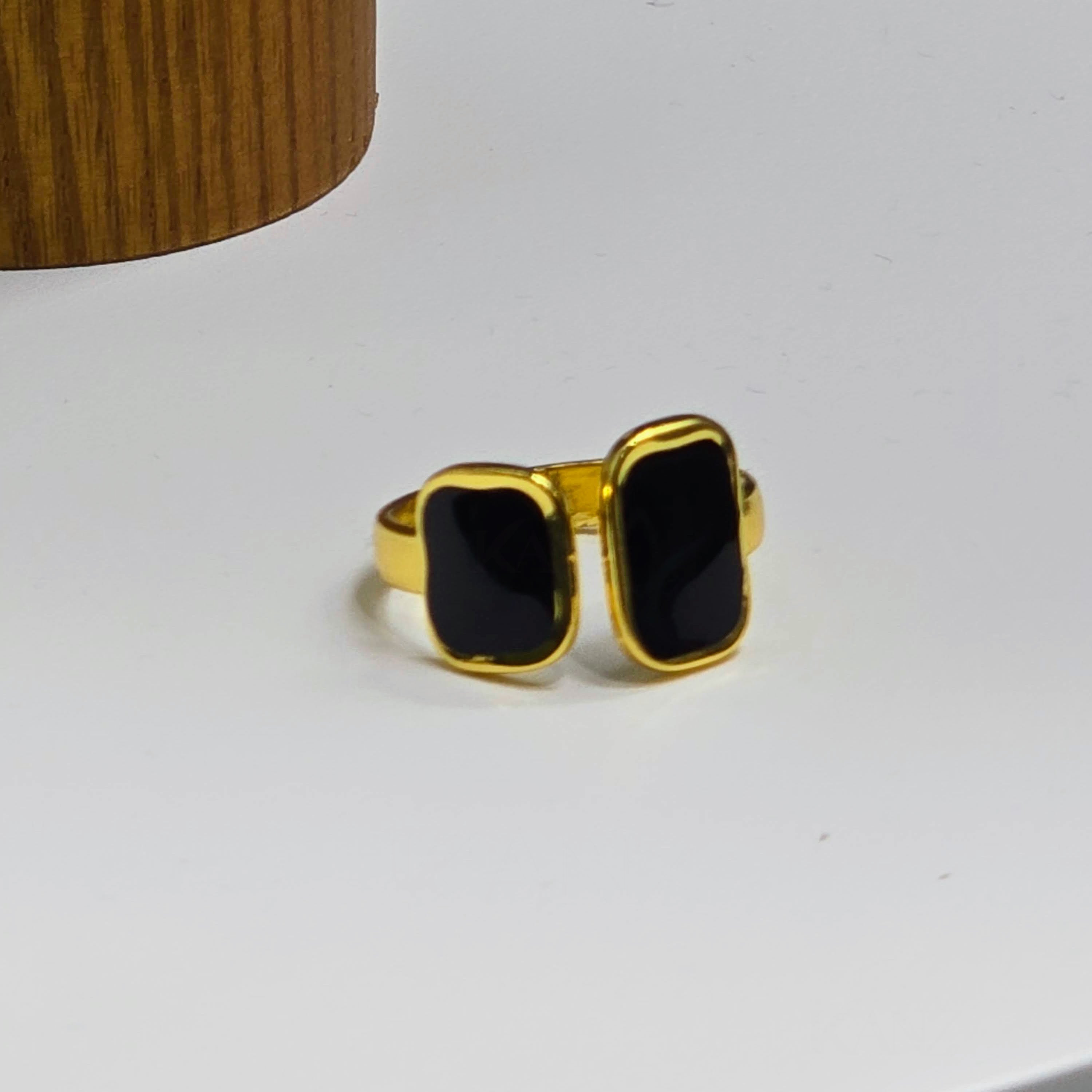 Black Enamel Double Rectangle Open Band Gold Plated Ring