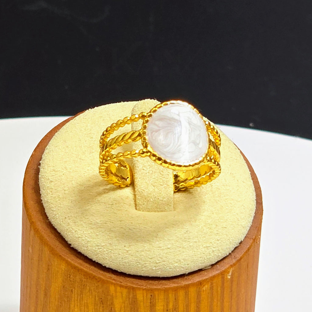 Oval White Enamel Rope-Frame Gold Plated Ring
