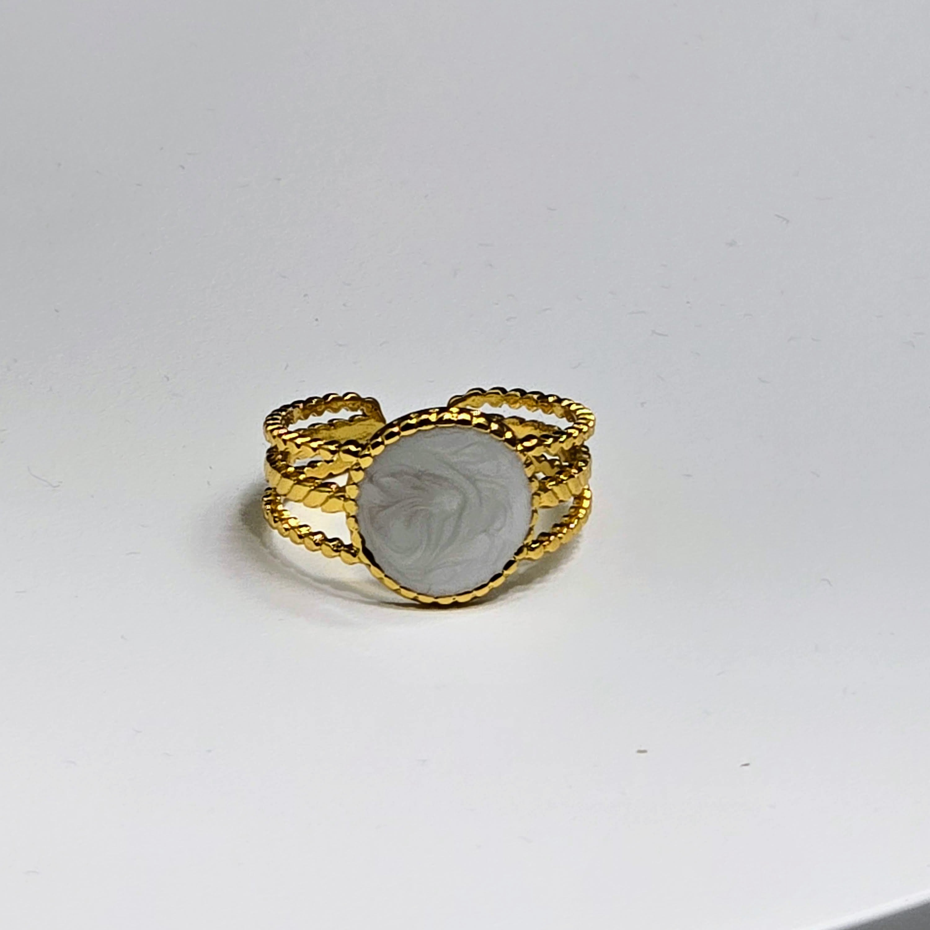 Oval White Enamel Rope-Frame Gold Plated Ring