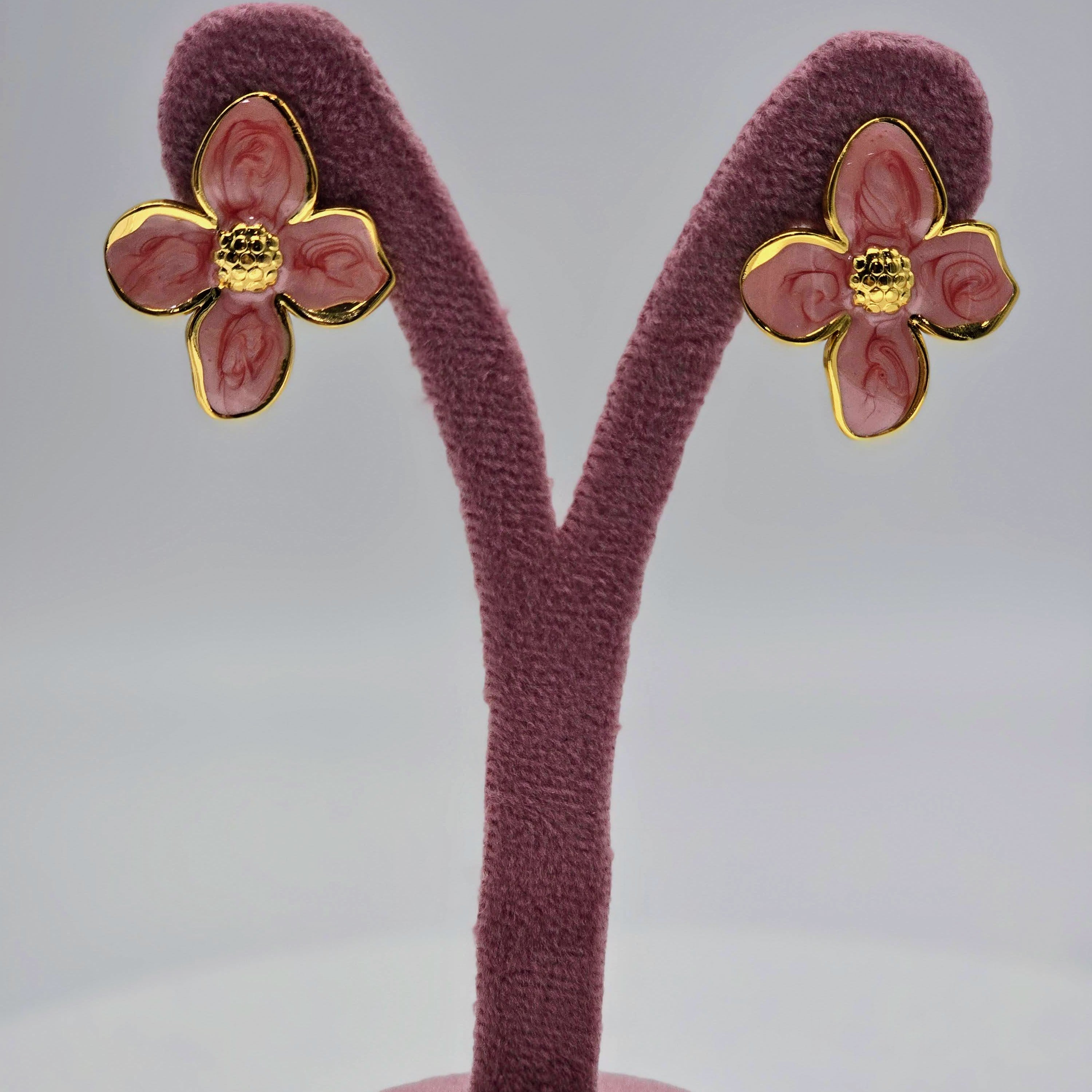 Pink Enamel Floral Stud Stainless Steel Earrings