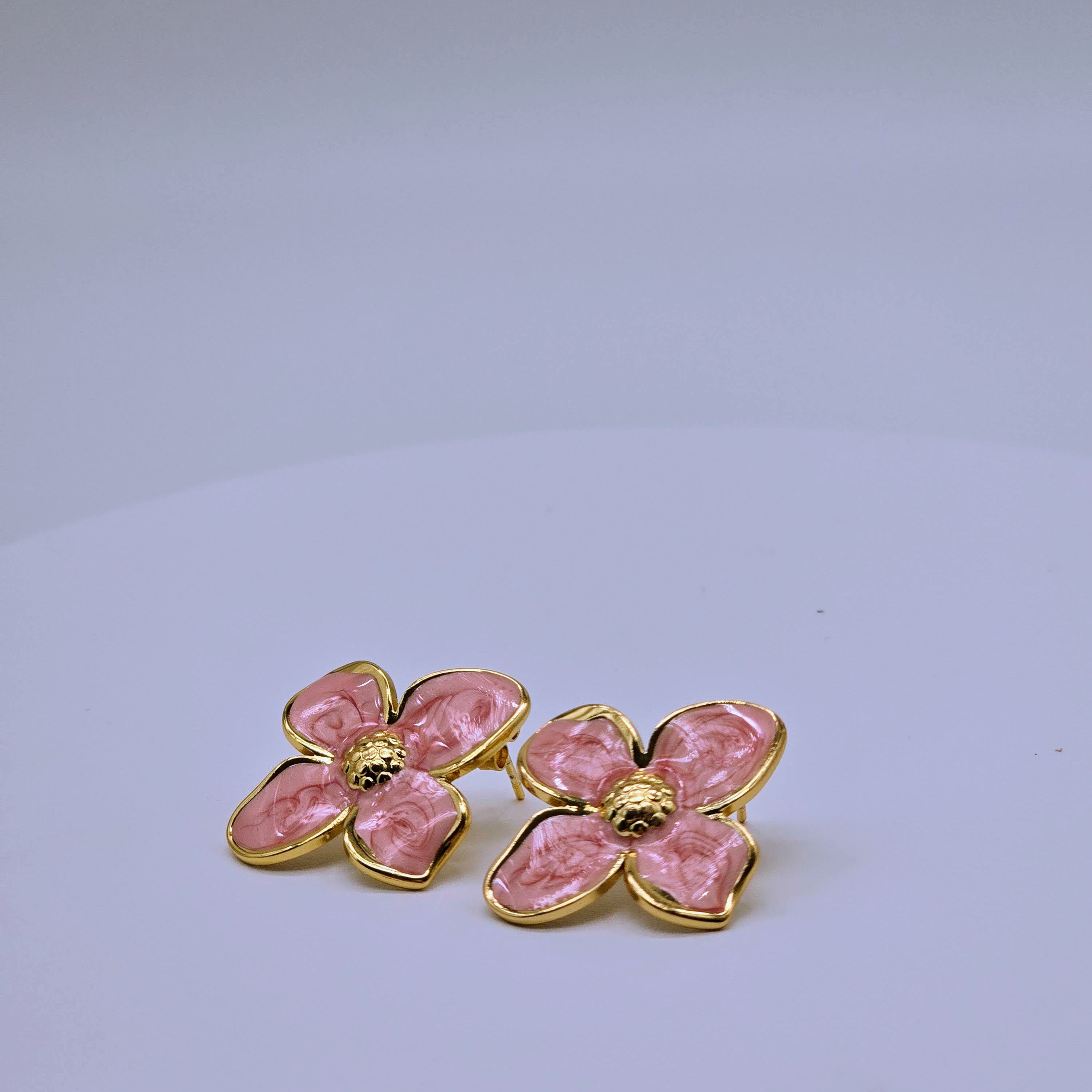 Pink Enamel Floral Stud Stainless Steel Earrings