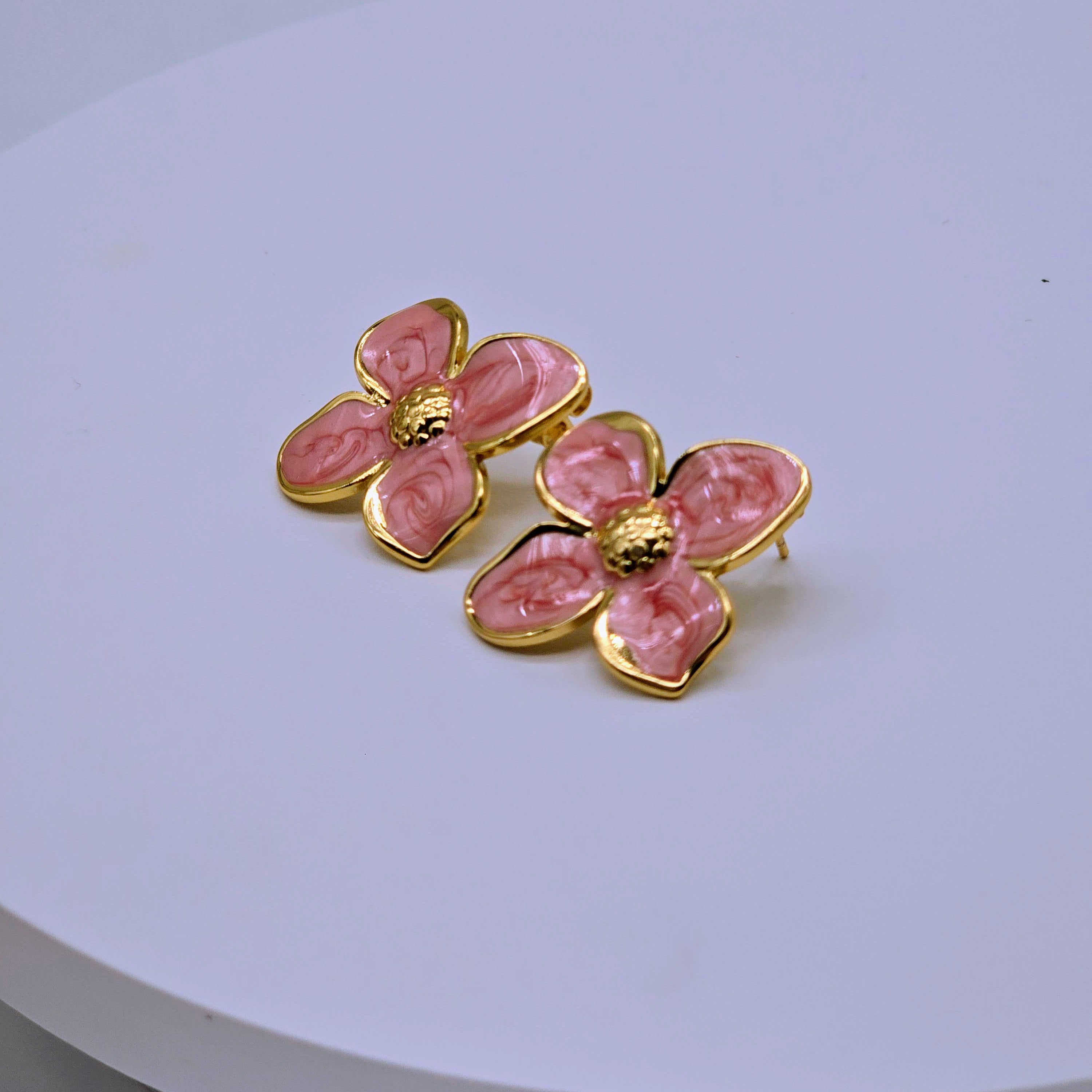 Pink Enamel Floral Stud Stainless Steel Earrings