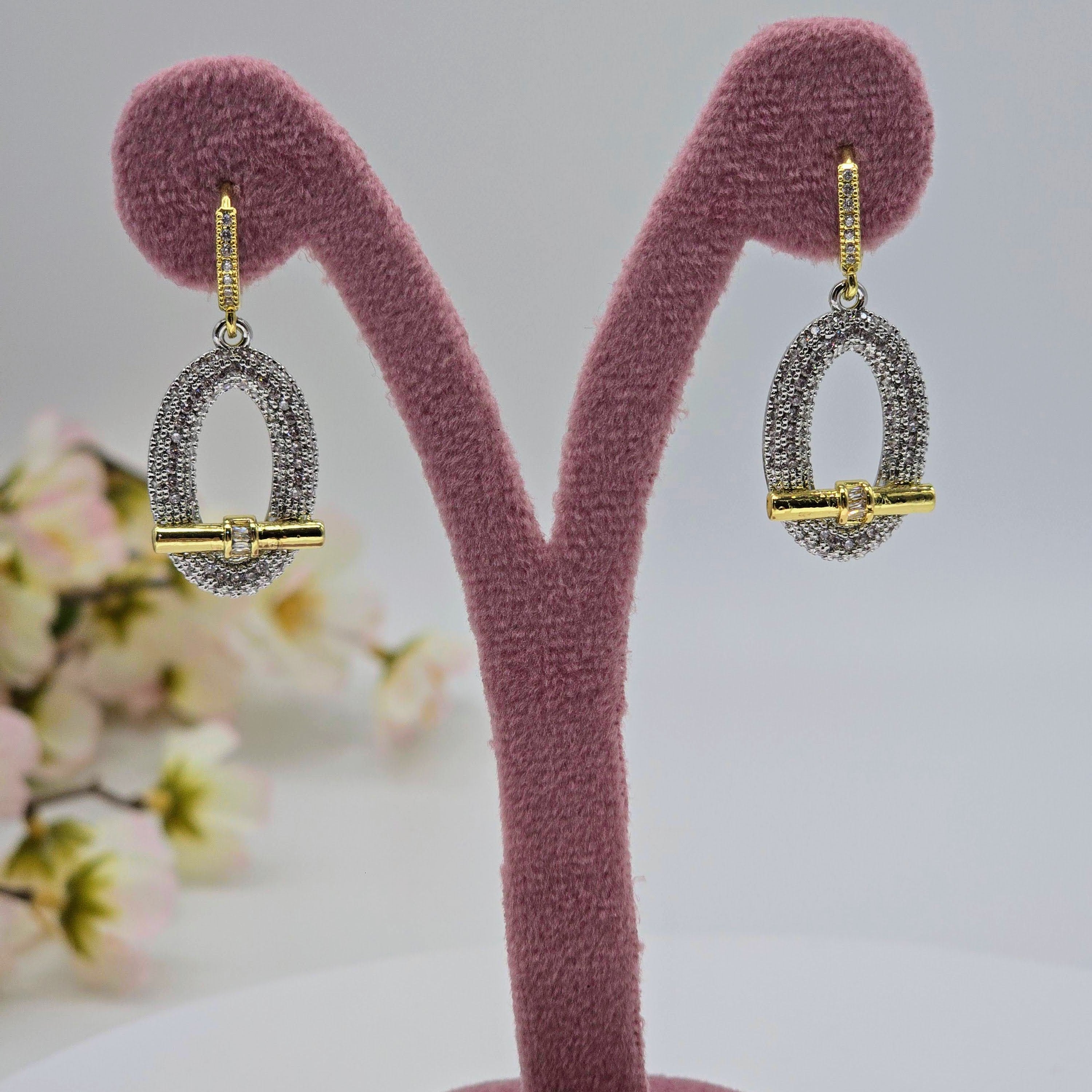 Pave Oval Toggle Drop Stainless Steel Earrings
