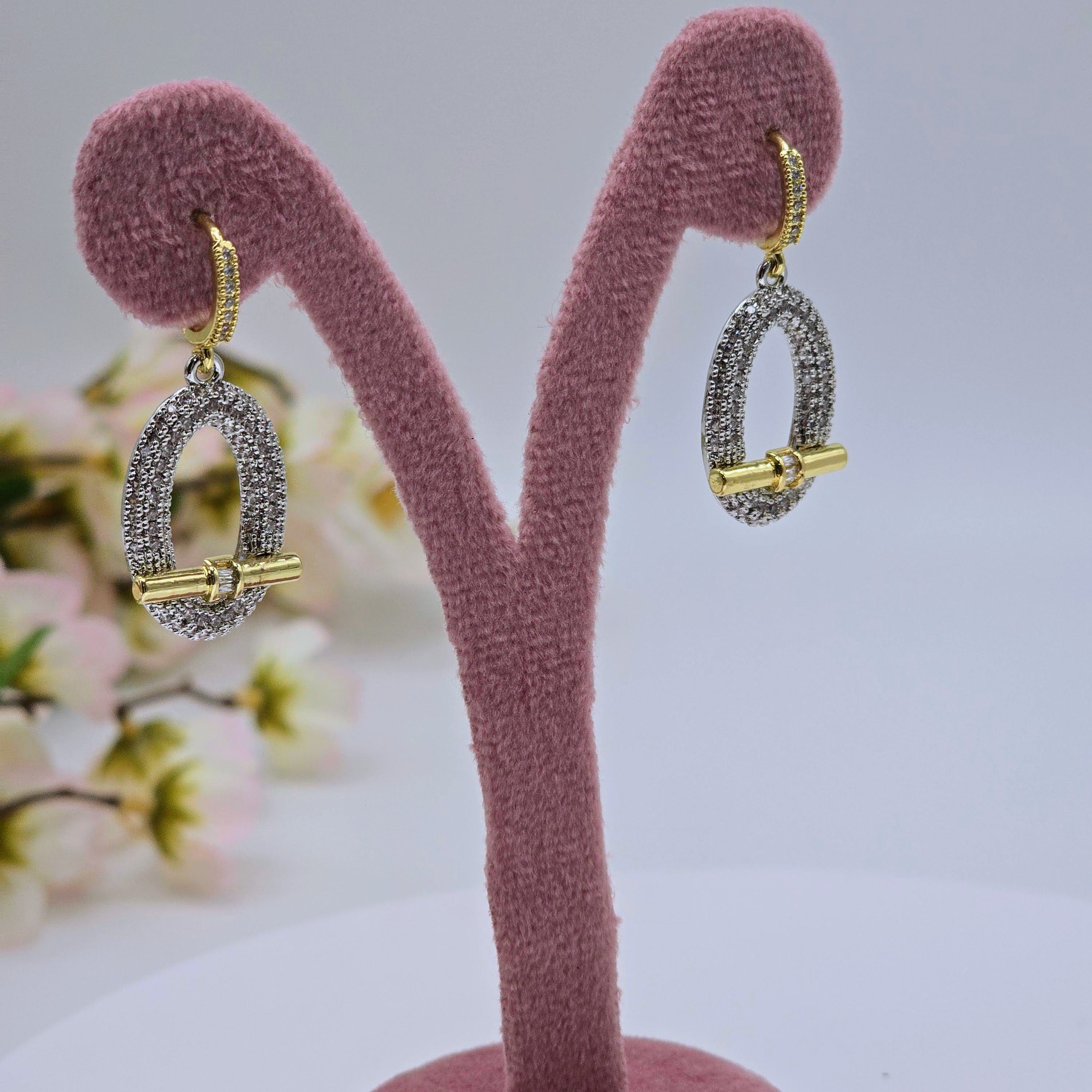 Pave Oval Toggle Drop Stainless Steel Earrings