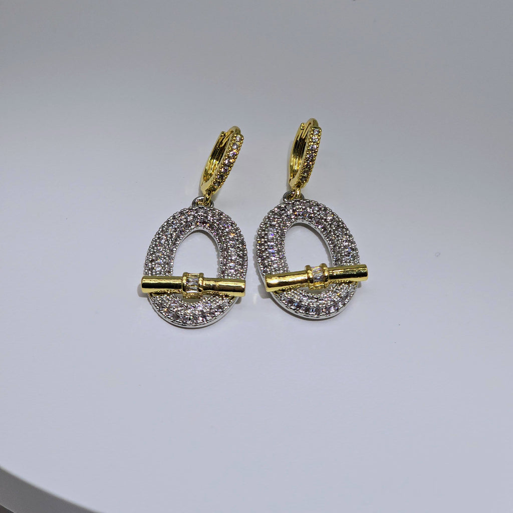 Pave Oval Toggle Drop Stainless Steel Earrings