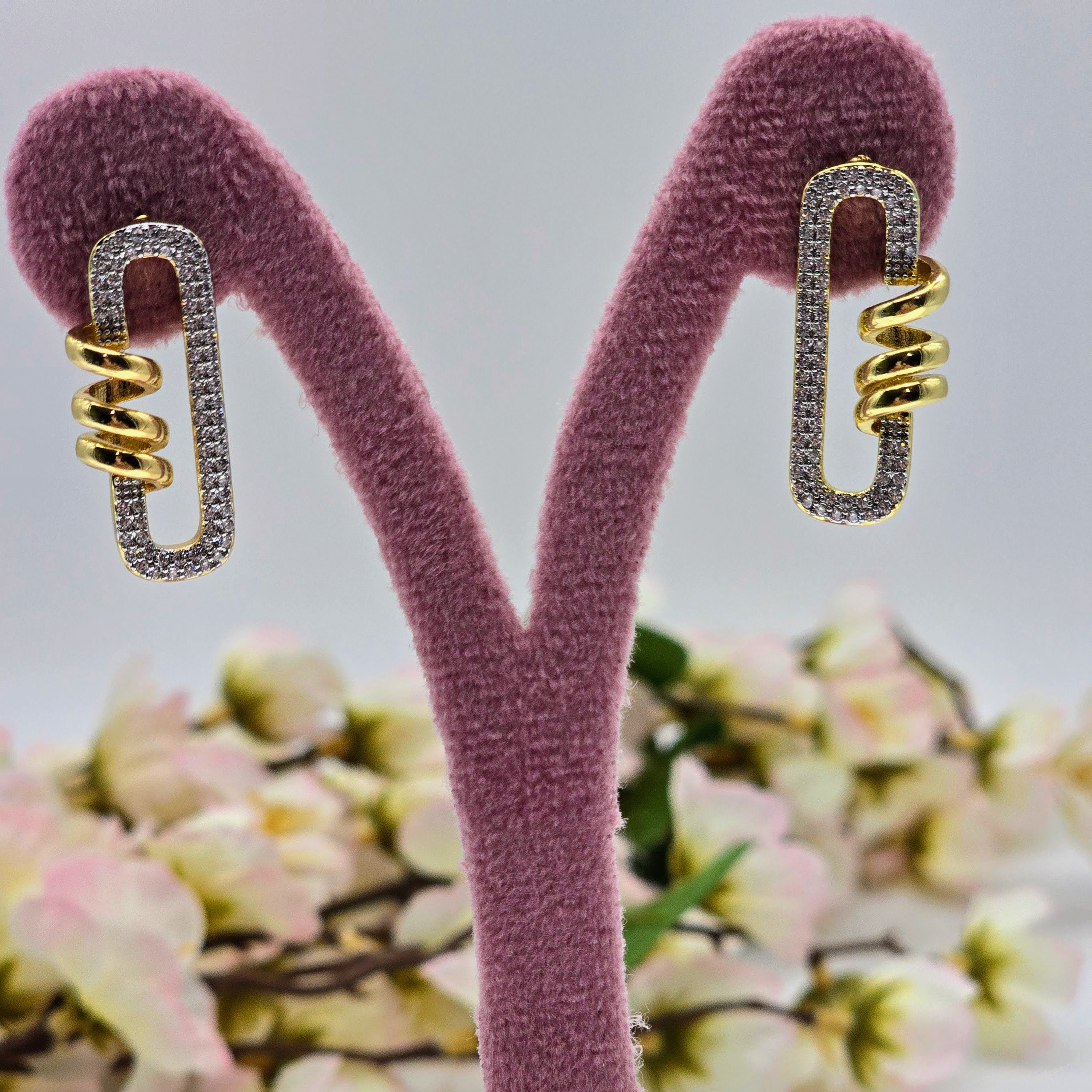 Pave Link Coil Stud Stainless Steel Earrings