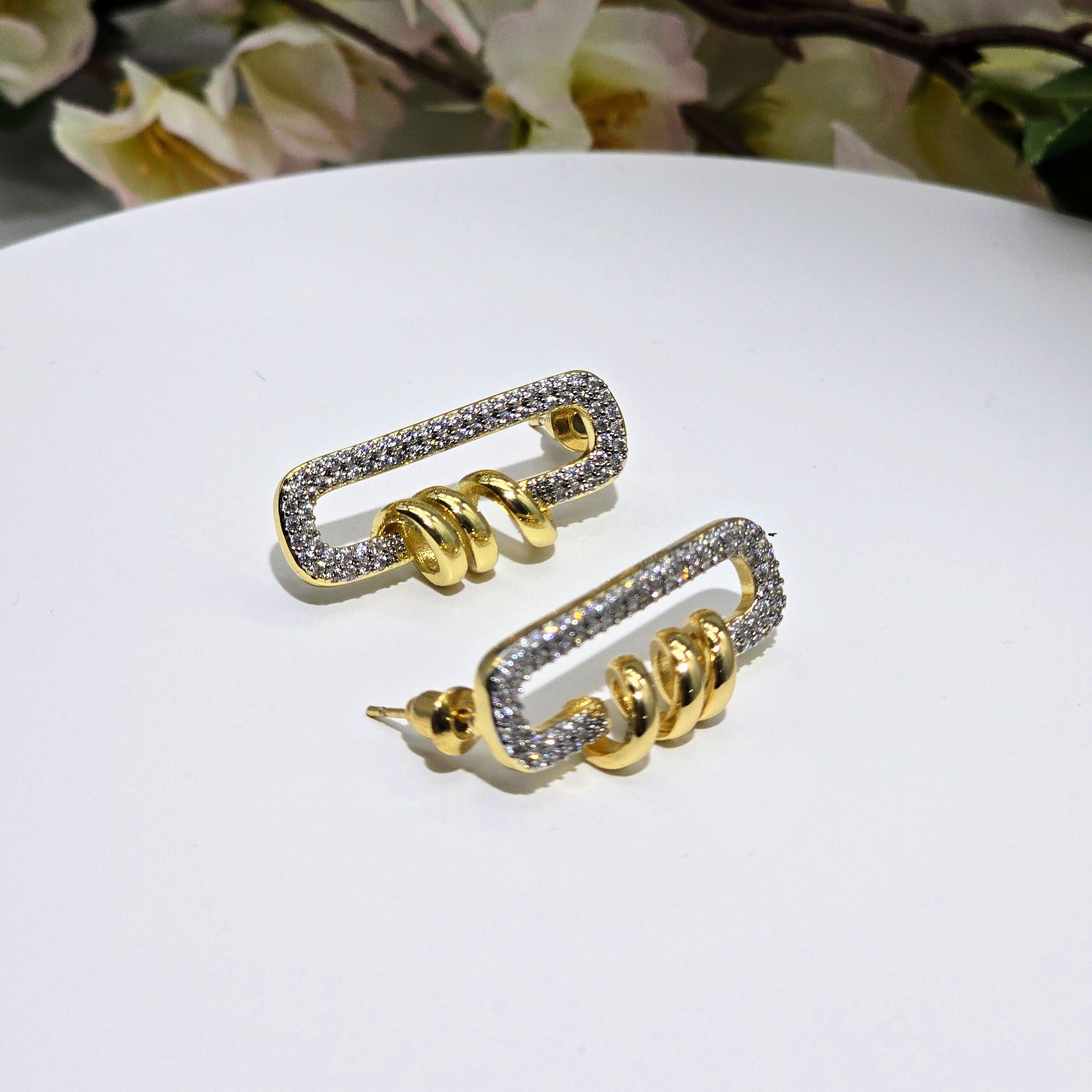 Pave Link Coil Stud Stainless Steel Earrings