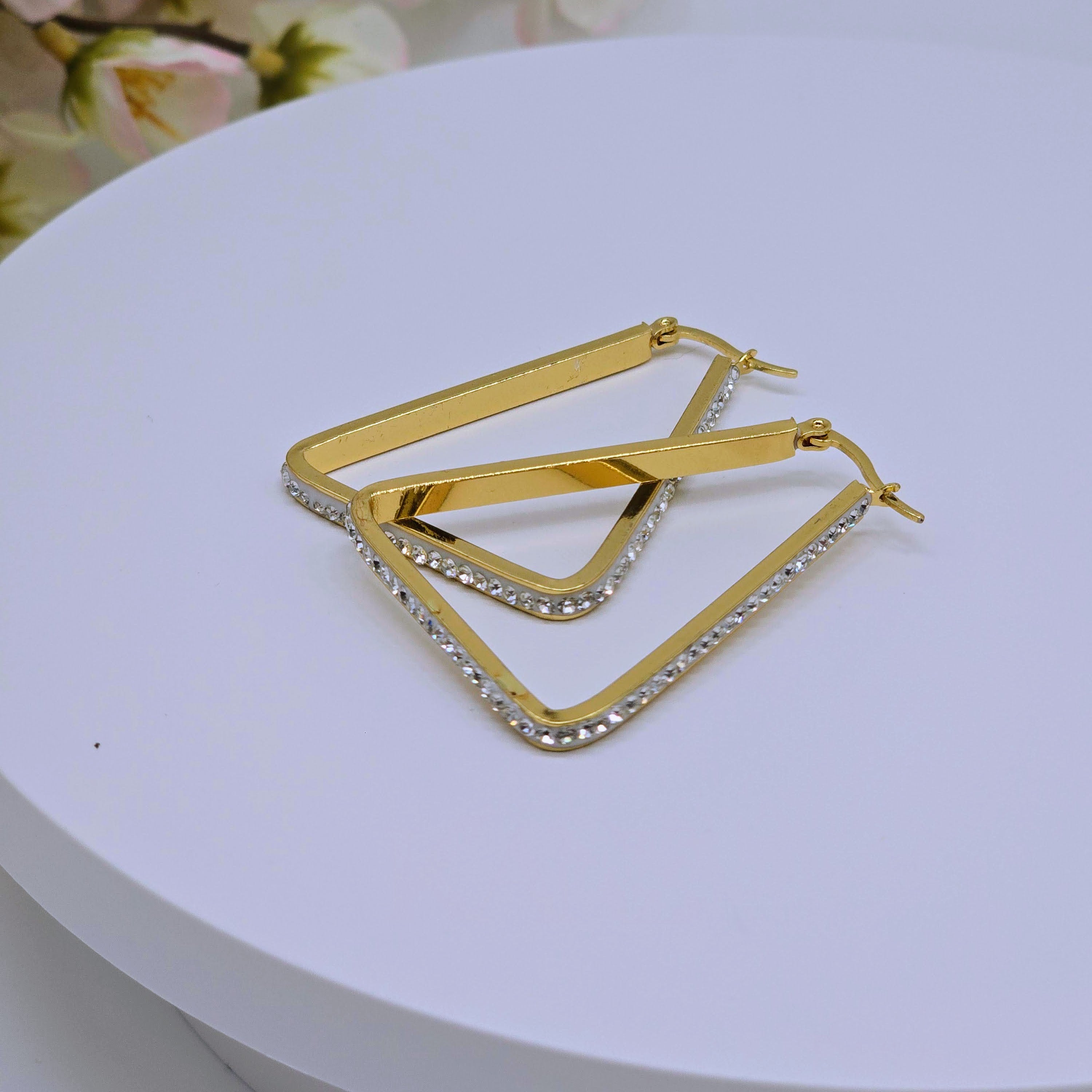 Pave Line Triangle Stainless Steel Drop Earrings