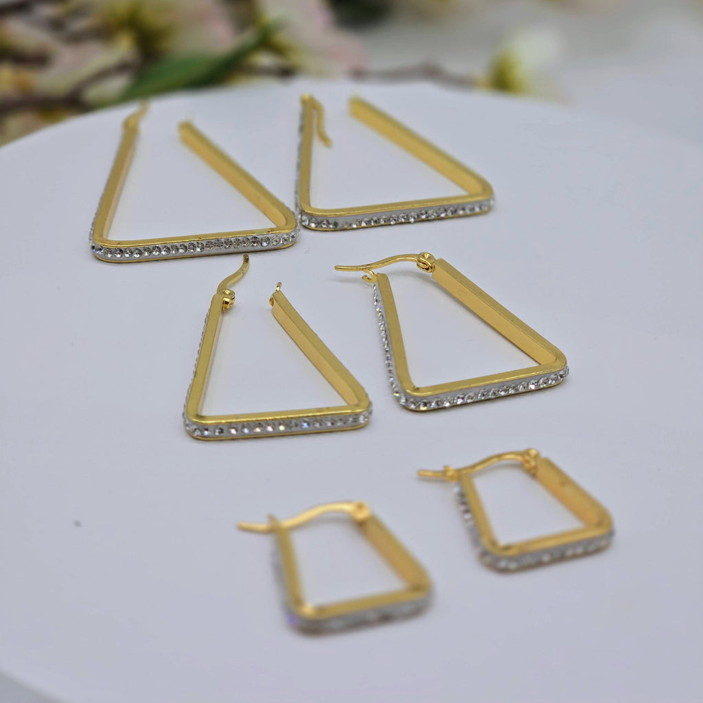 Pave Line Triangle Stainless Steel Drop Earrings