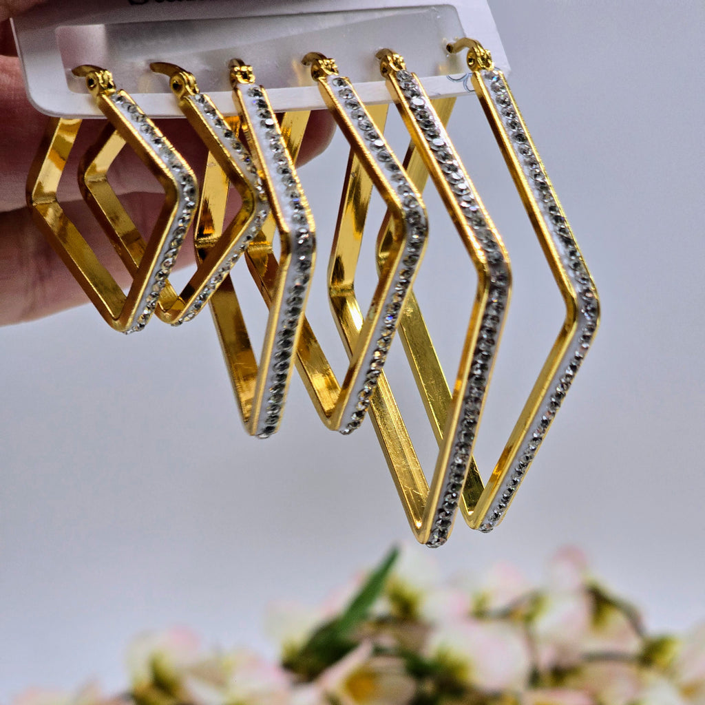 Pave Edge Rectangular Hoop Stainless Steel Earrings