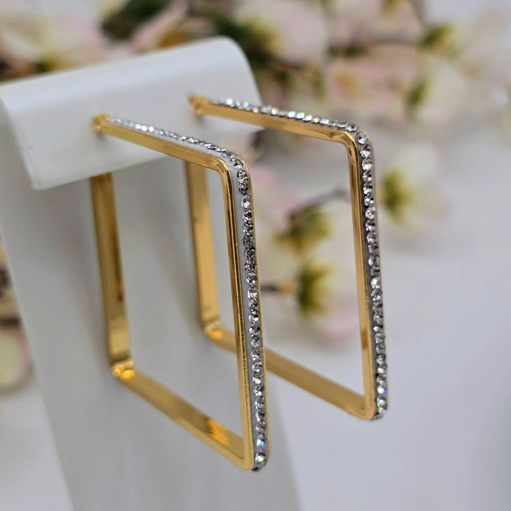 Pave Edge Rectangular Hoop Stainless Steel Earrings