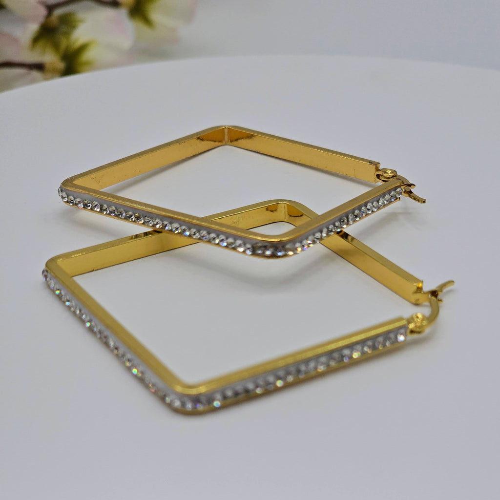 Pave Edge Rectangular Hoop Stainless Steel Earrings