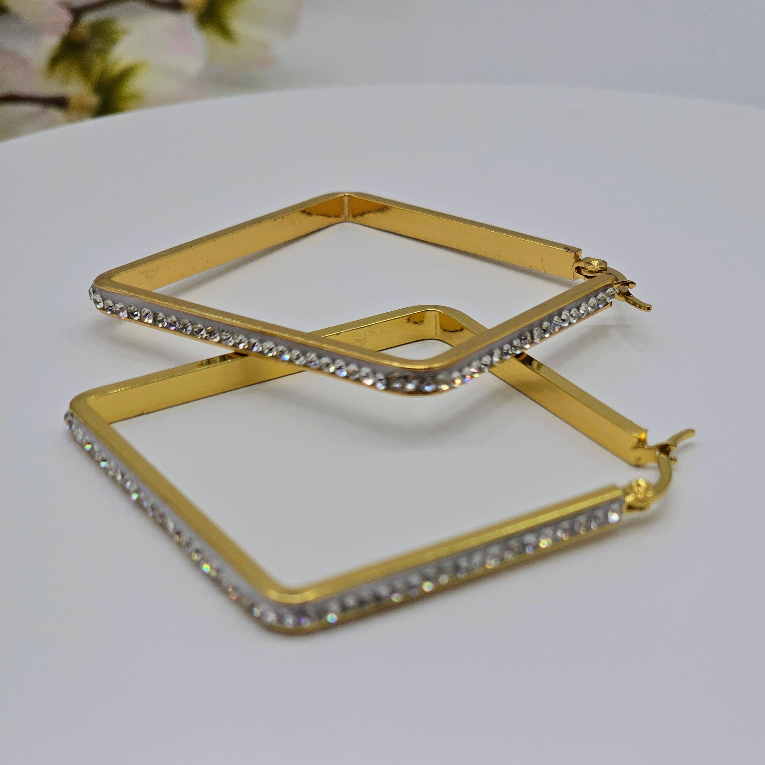 Pave Edge Rectangular Hoop Stainless Steel Earrings