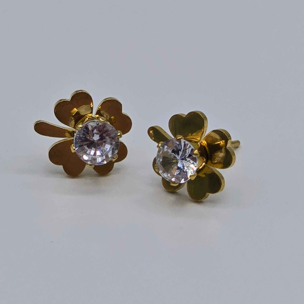 Gold Floral Stud Stainless Steel Earrings with Clear CZ Center