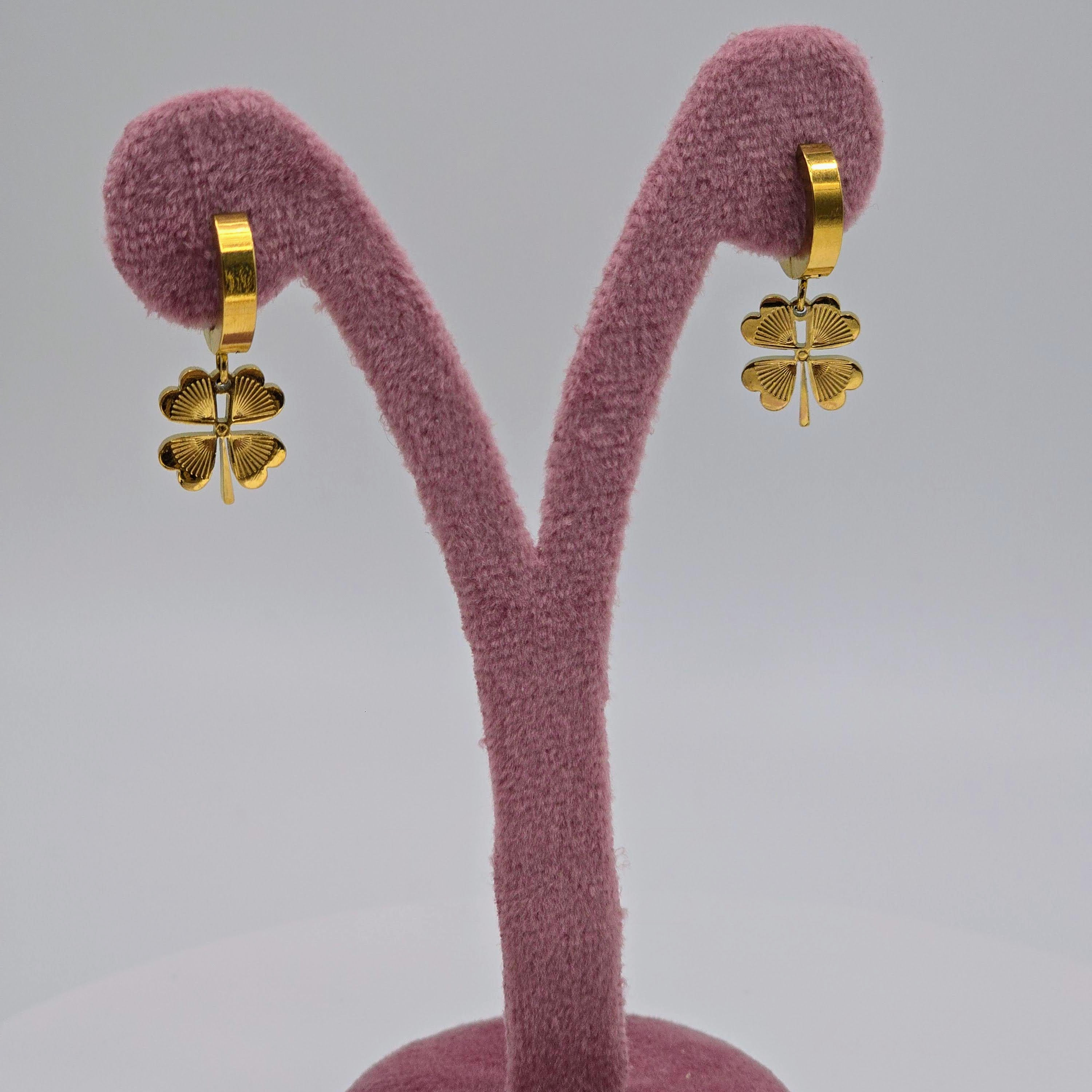 Clover Charm Hoop Drop Stainless Steel Earrings