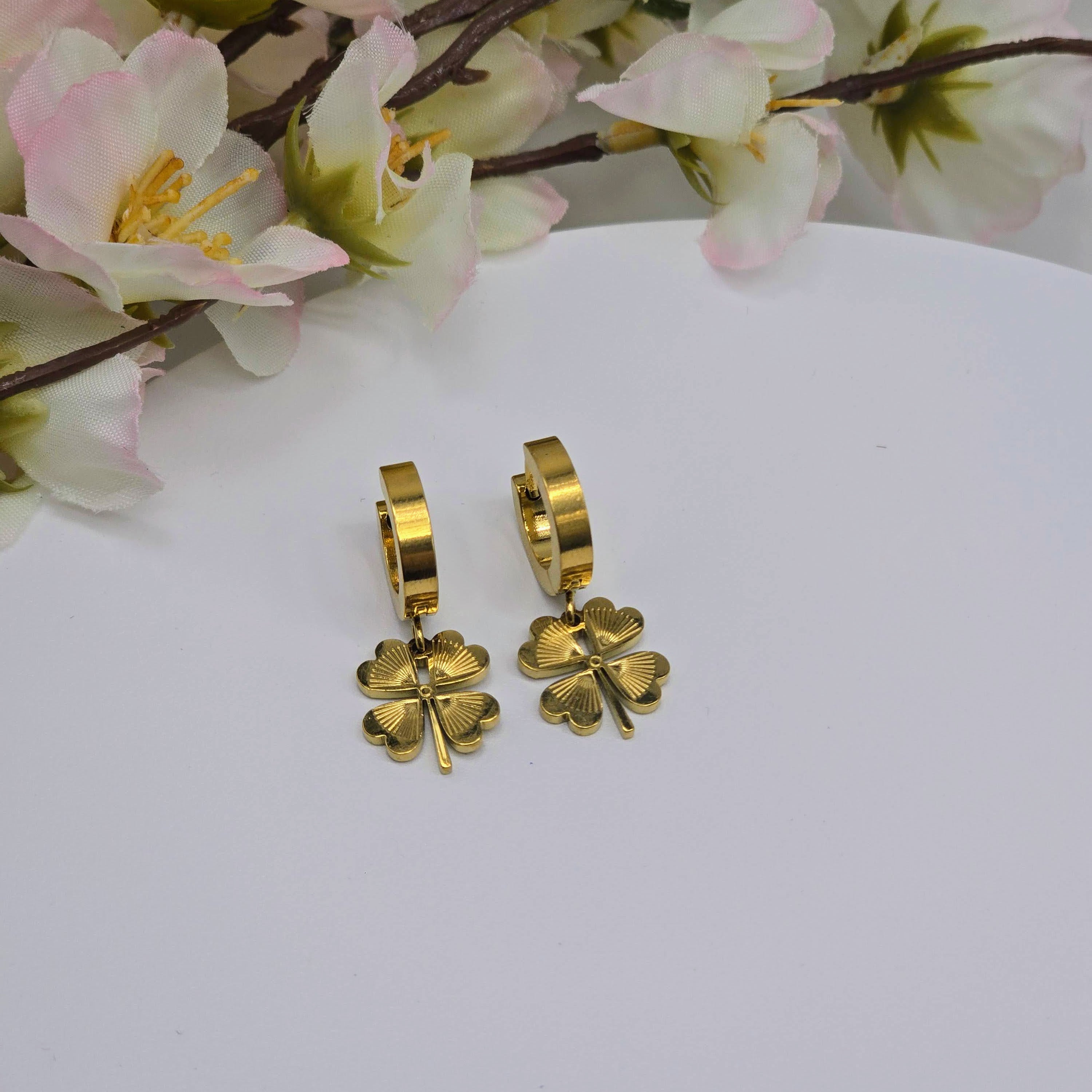 Clover Charm Hoop Drop Stainless Steel Earrings
