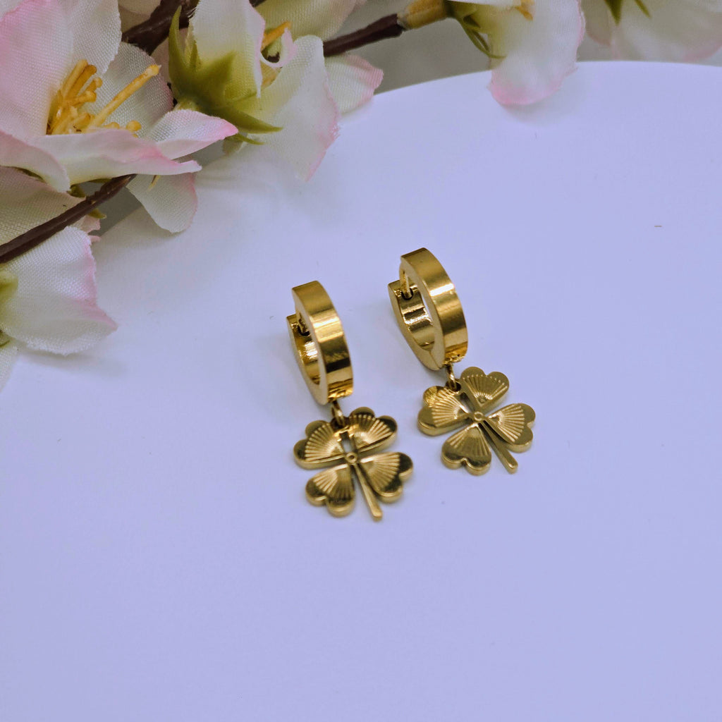 Clover Charm Hoop Drop Stainless Steel Earrings