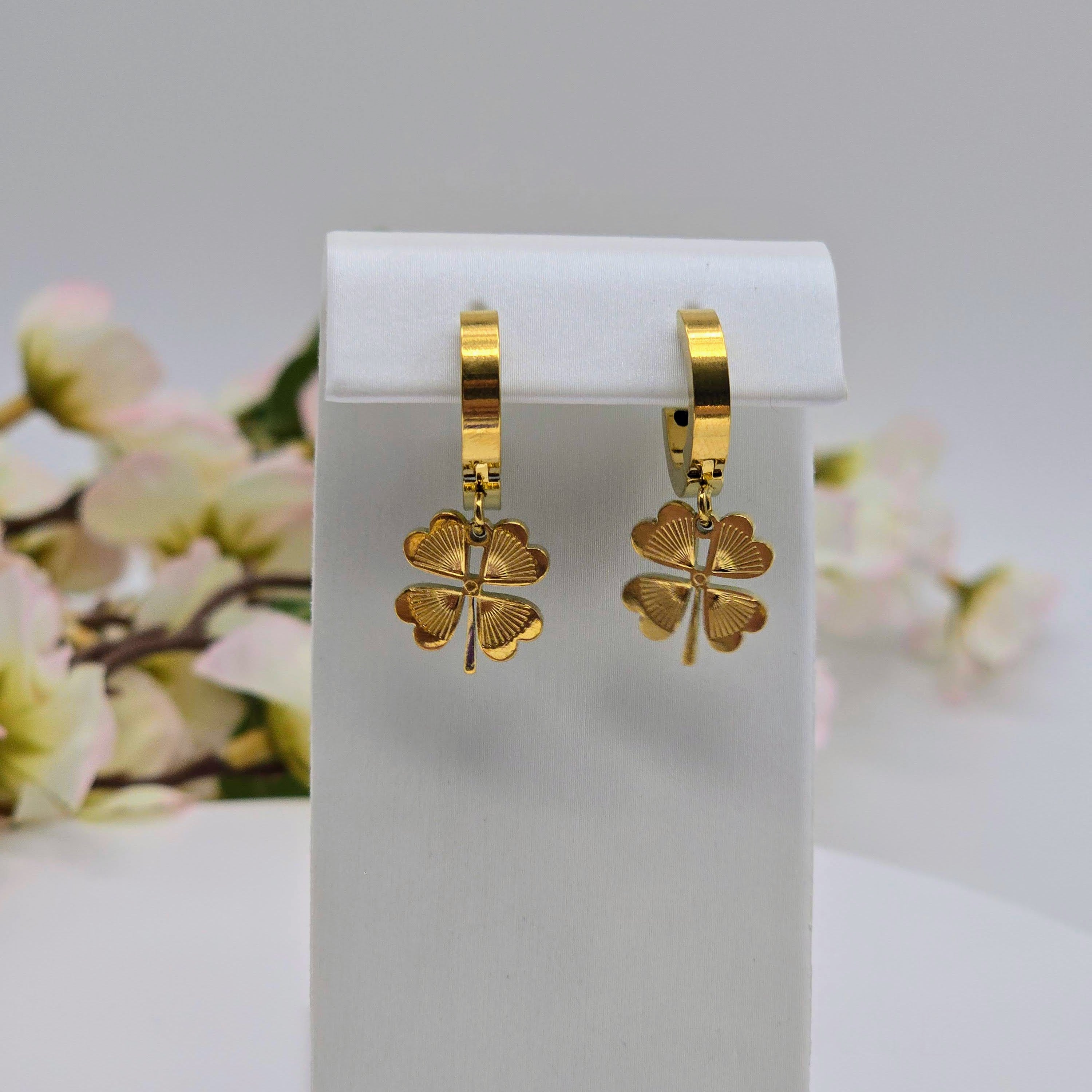 Clover Charm Hoop Drop Stainless Steel Earrings