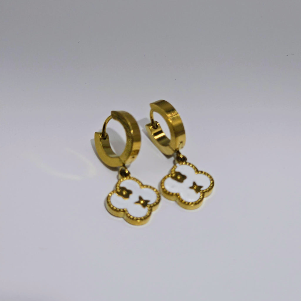 Clover Drop Huggie Stainless Steel Earrings with White Inlay