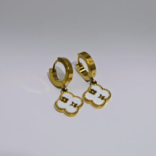 Clover Drop Huggie Stainless Steel Earrings with White Inlay