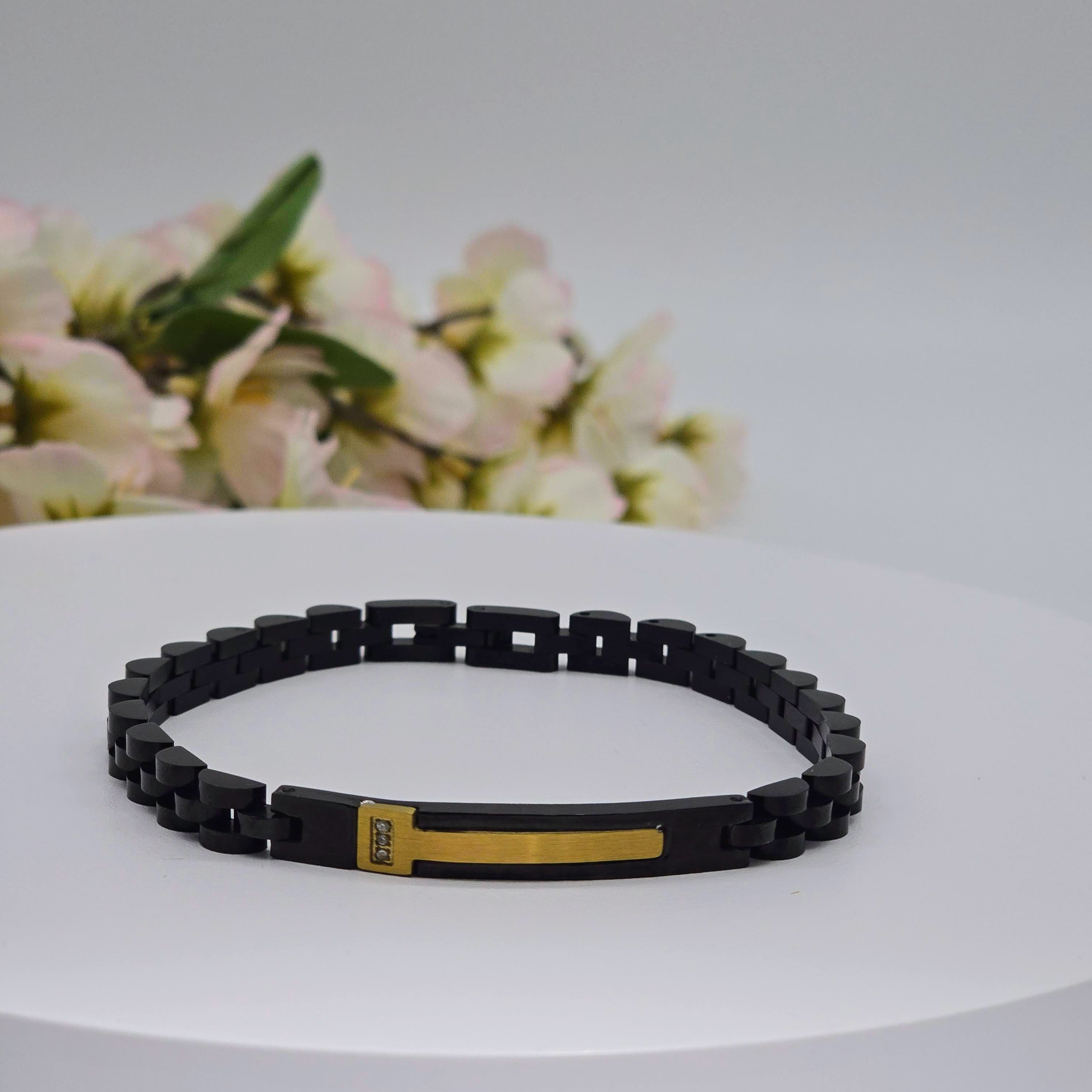 Black Link Stainless Steel Men’s Bracelet with Gold Accent Plate