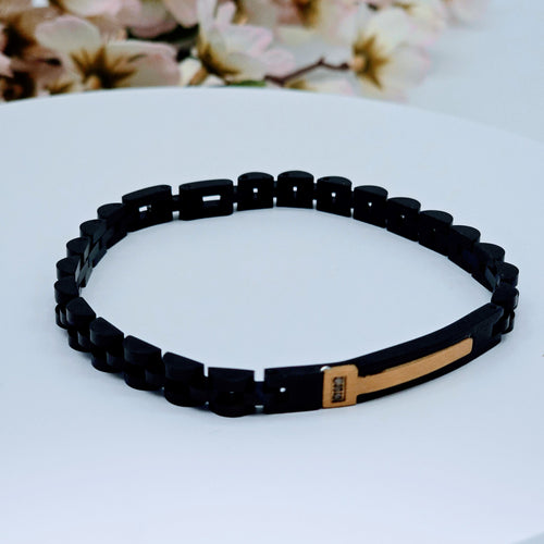 Black Link Stainless Steel Men’s Bracelet with Gold Accent Plate