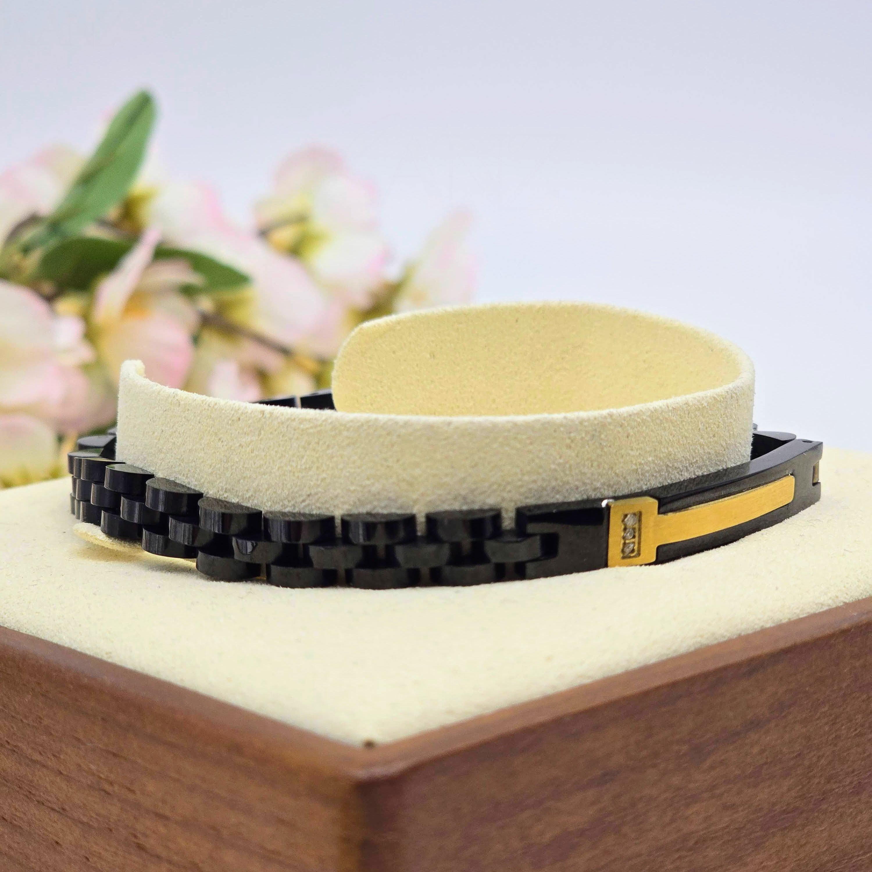 Black Link Stainless Steel Men’s Bracelet with Gold Accent Plate