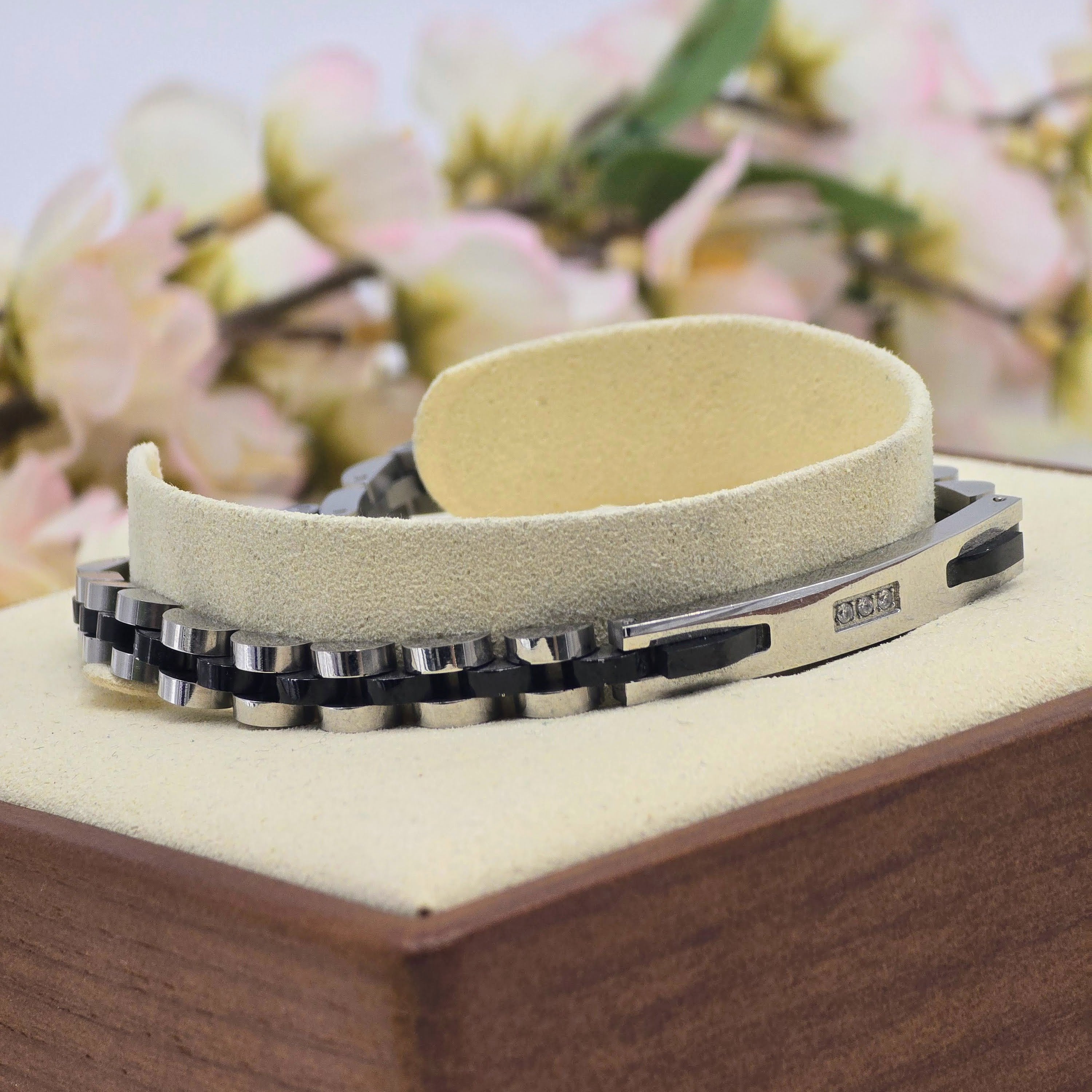 Two-Tone Stainless Steel Men’s Bracelet with CZ Accent Plate