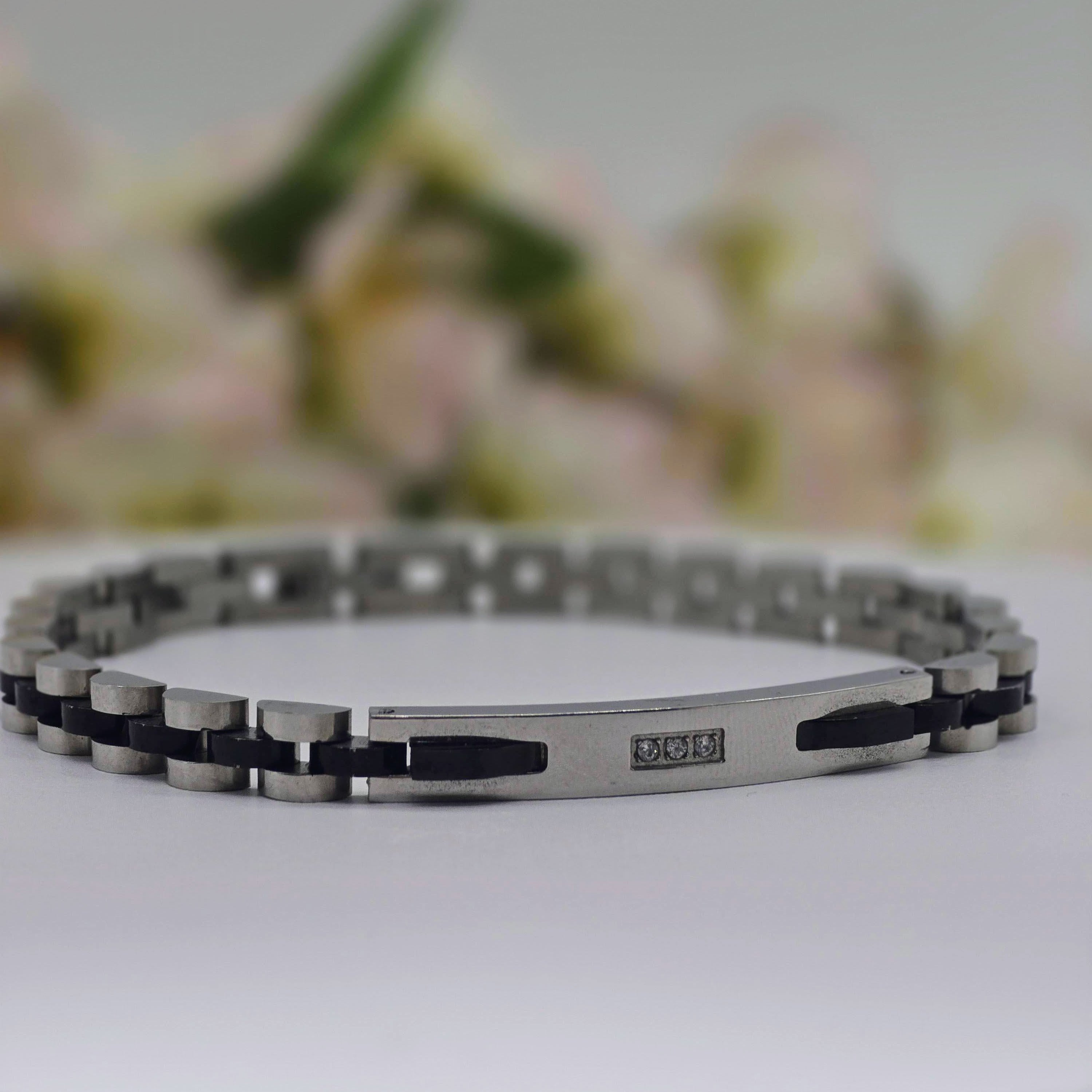 Two-Tone Stainless Steel Men’s Bracelet with CZ Accent Plate
