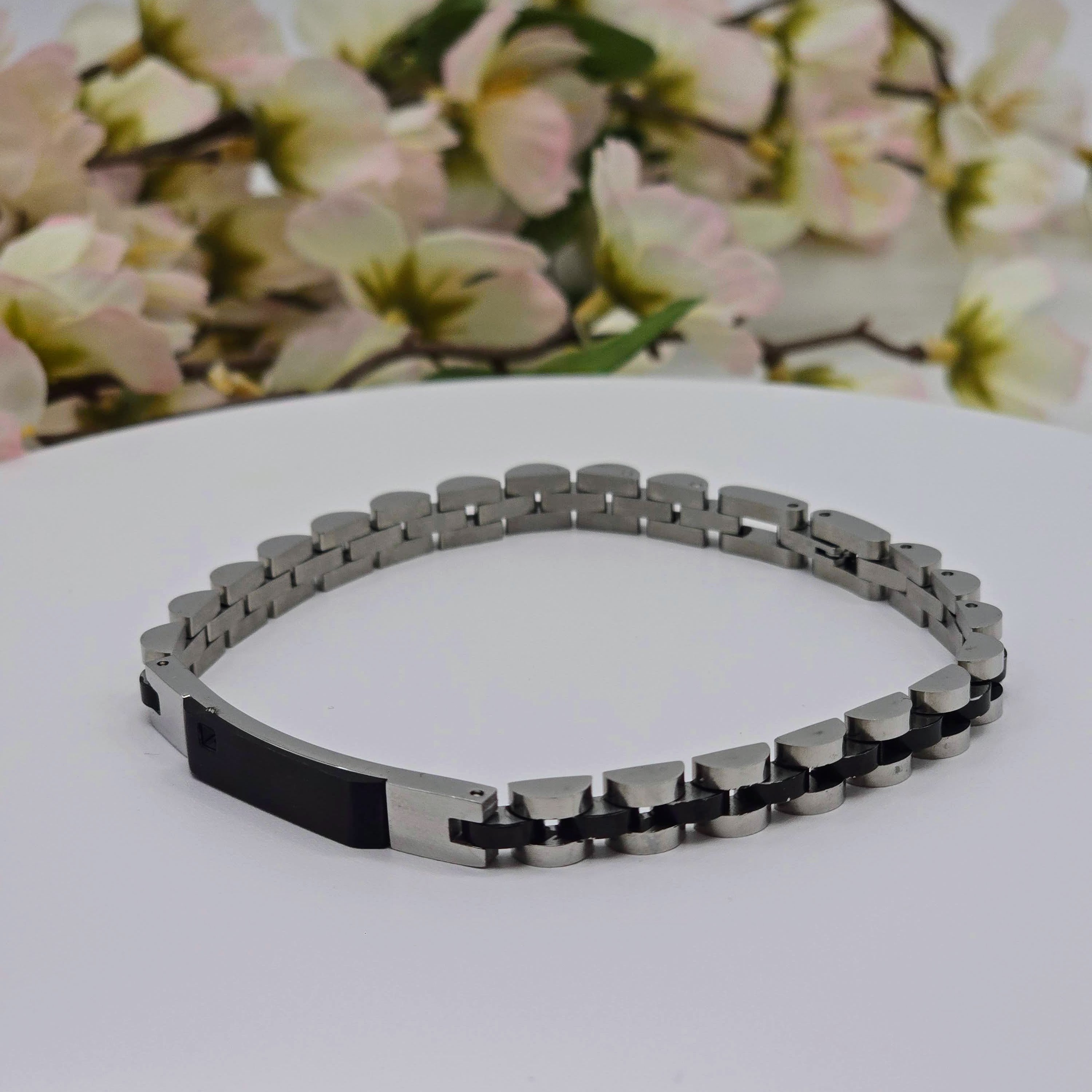 Two-Tone Stainless Steel Men’s Bracelet with Black Center Plate