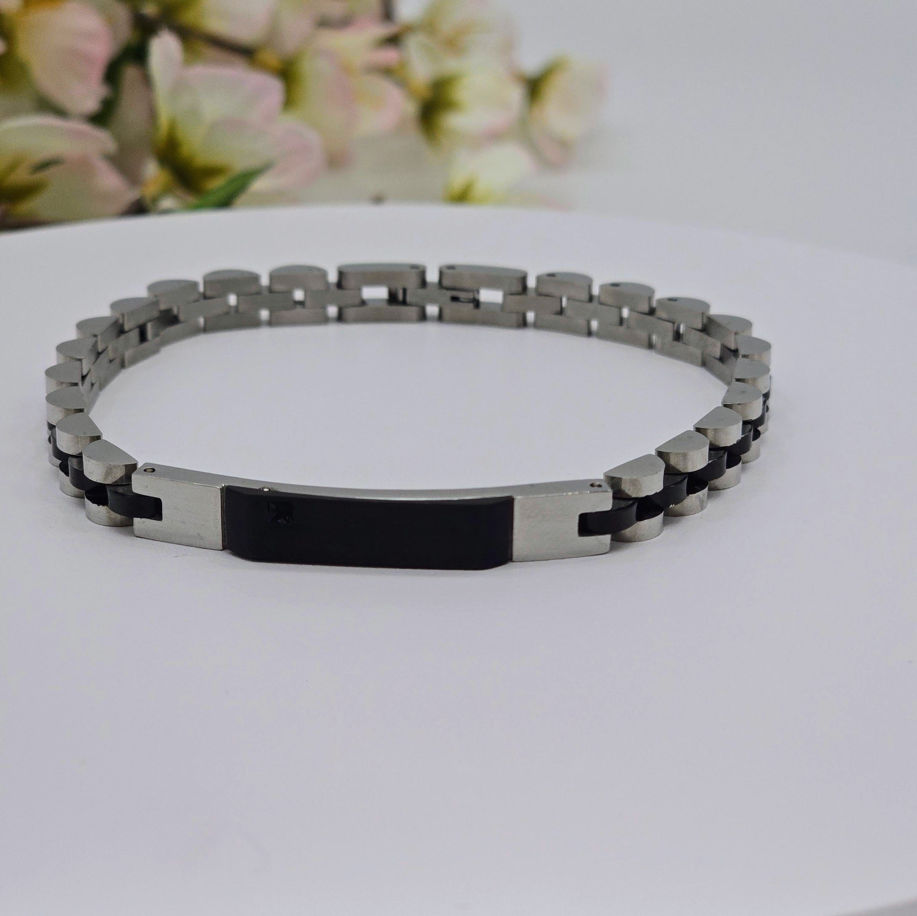 Two-Tone Stainless Steel Men’s Bracelet with Black Center Plate
