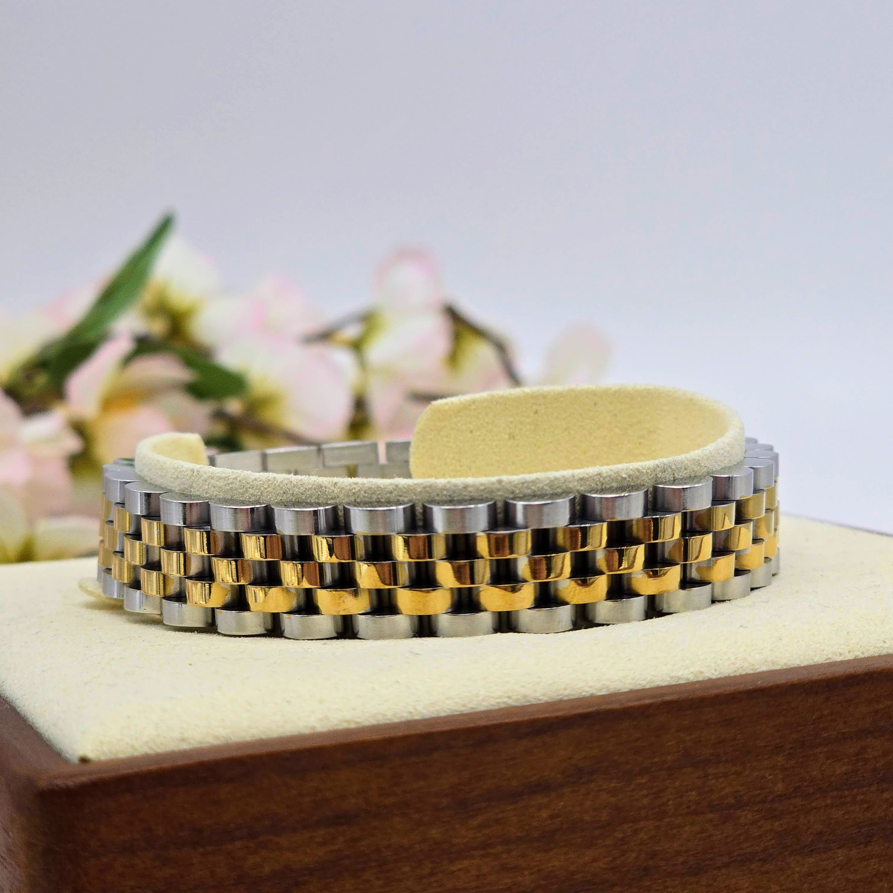 Two-Tone Stainless Steel Men’s Link Bracelet with Gold Center Row