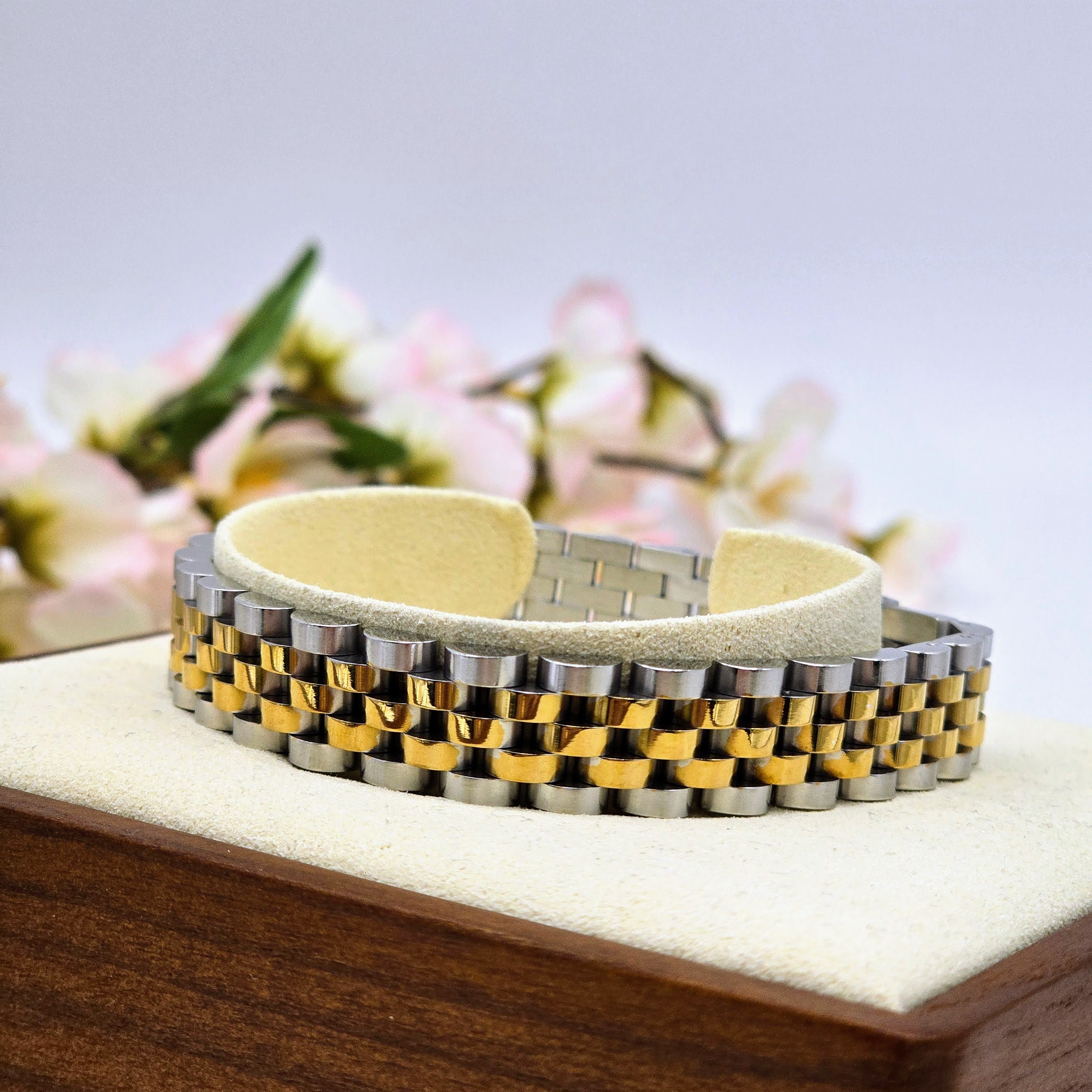 Two-Tone Stainless Steel Men’s Link Bracelet with Gold Center Row