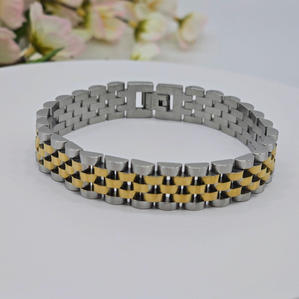 Two-Tone Stainless Steel Men’s Link Bracelet with Gold Center Row