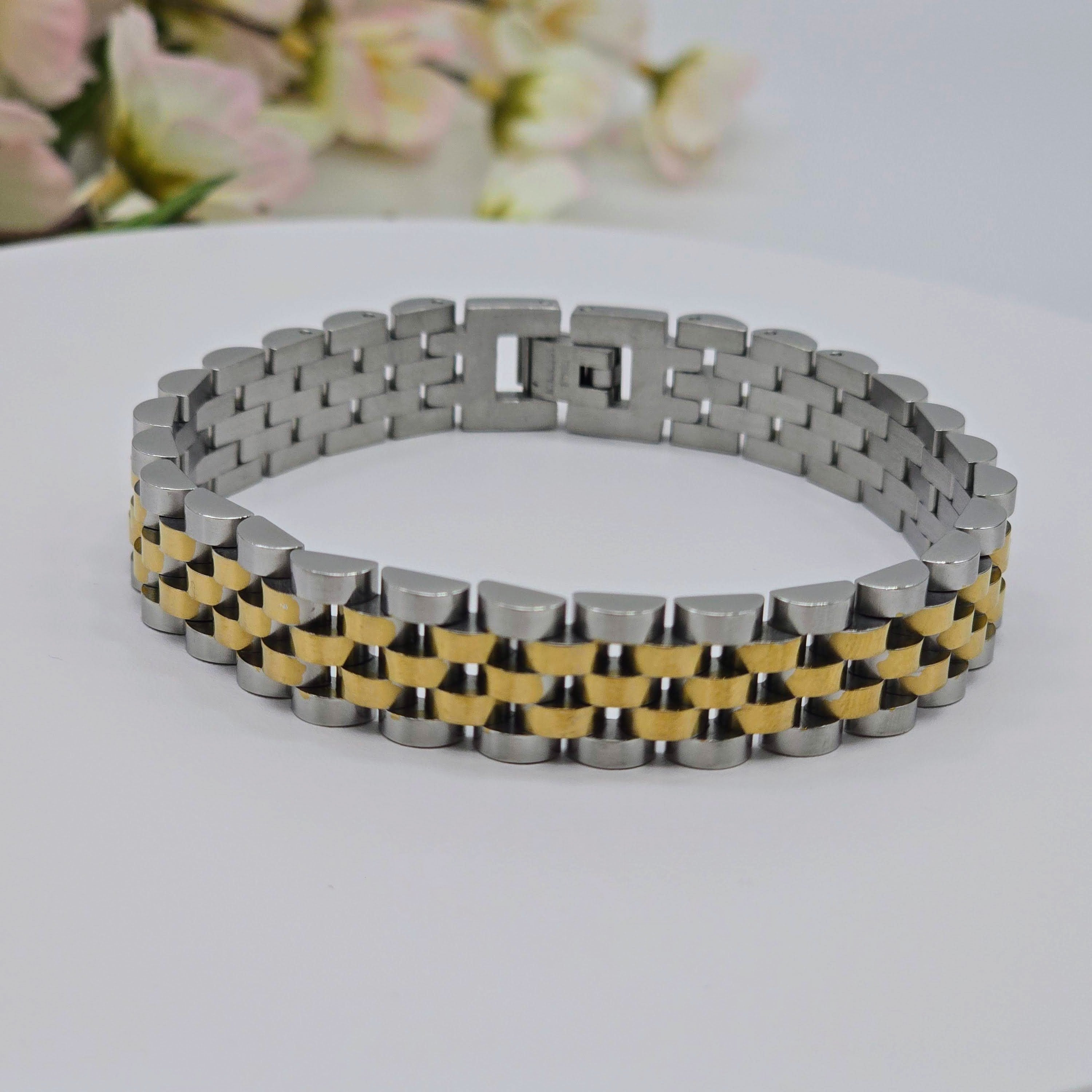 Two-Tone Stainless Steel Men’s Link Bracelet with Gold Center Row