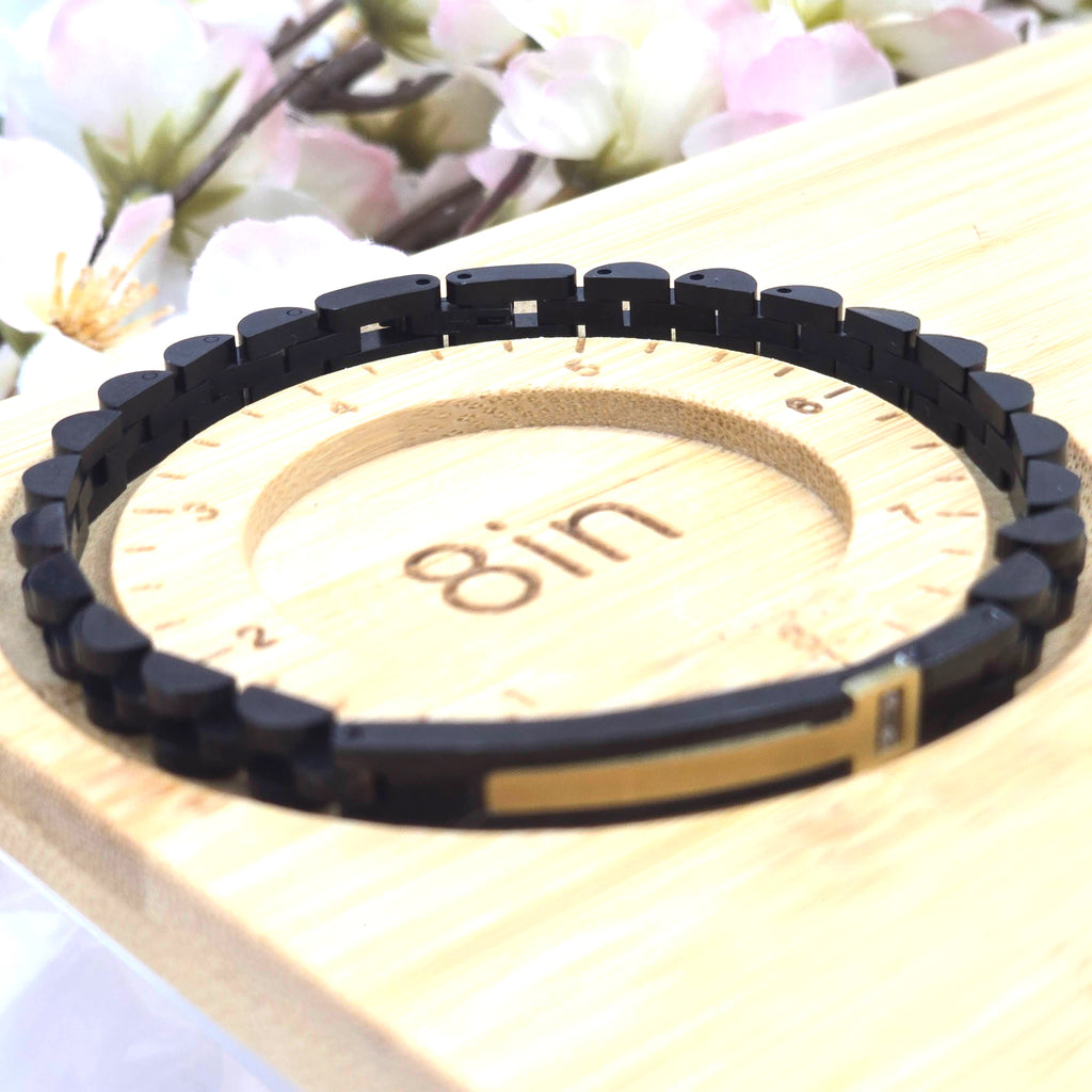 Black Link Stainless Steel Men’s Bracelet with Gold Accent Plate