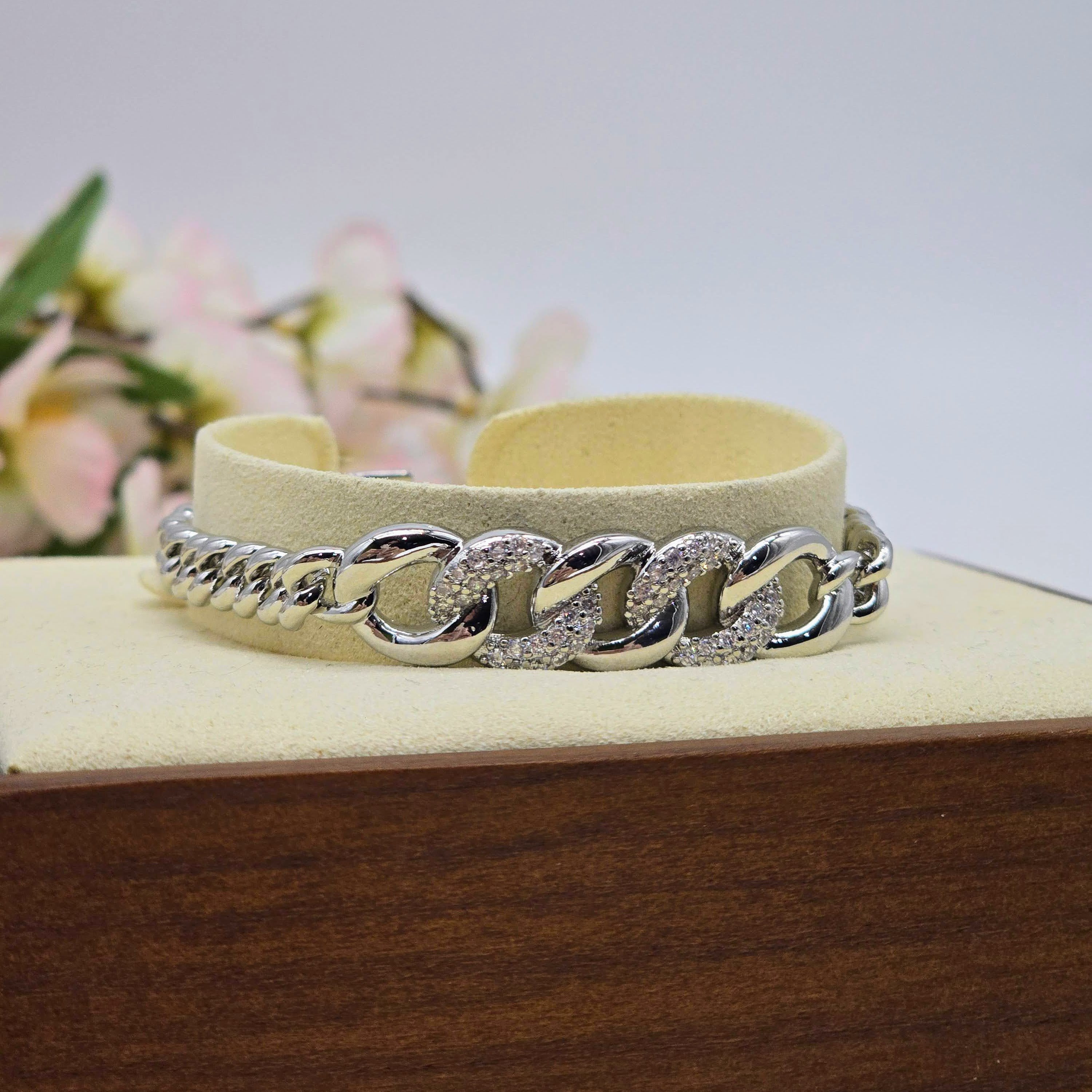 Silver-Tone Chain Accent Stainless Steel Bracelet