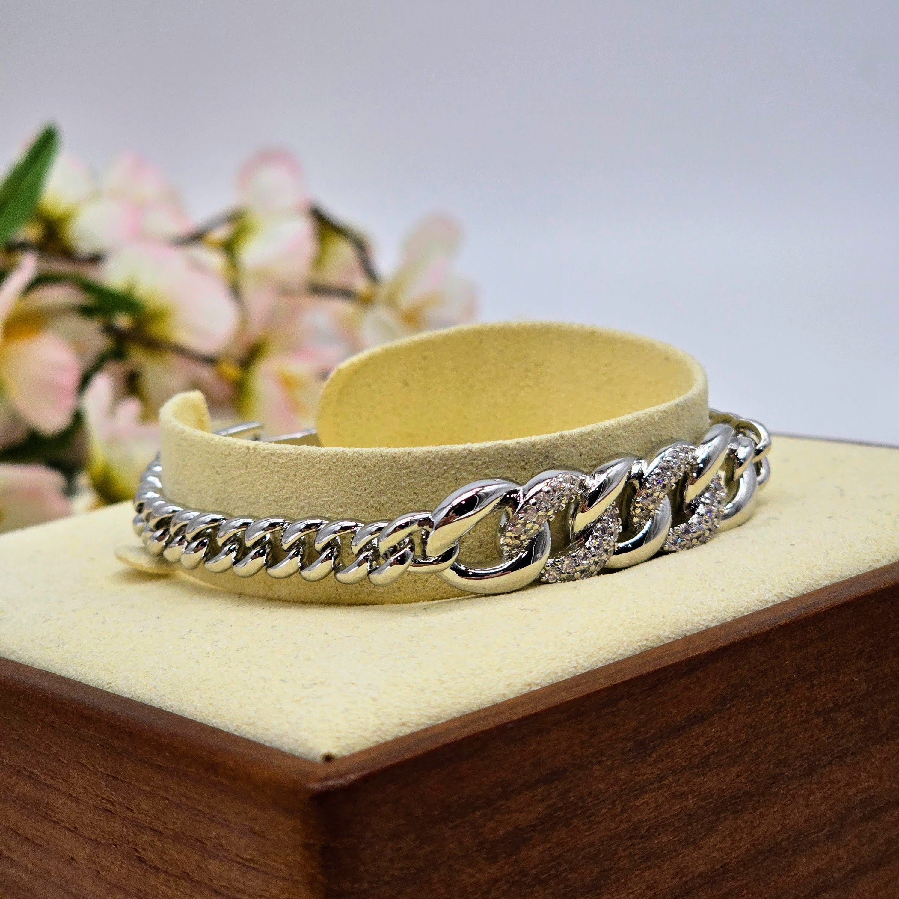 Silver-Tone Chain Accent Stainless Steel Bracelet