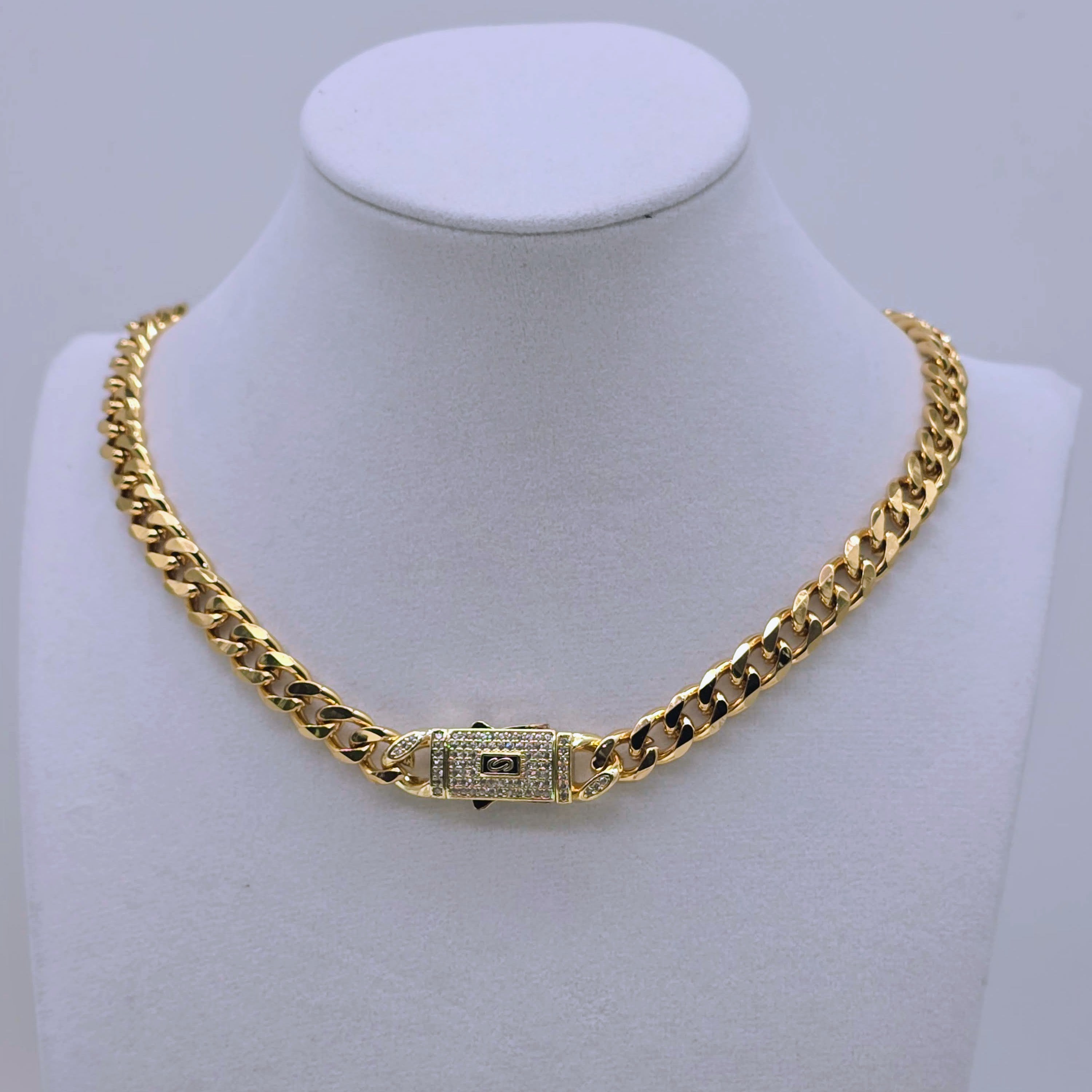 Gold Cuban Link Gold Plated Necklace with Pave Box Clasp